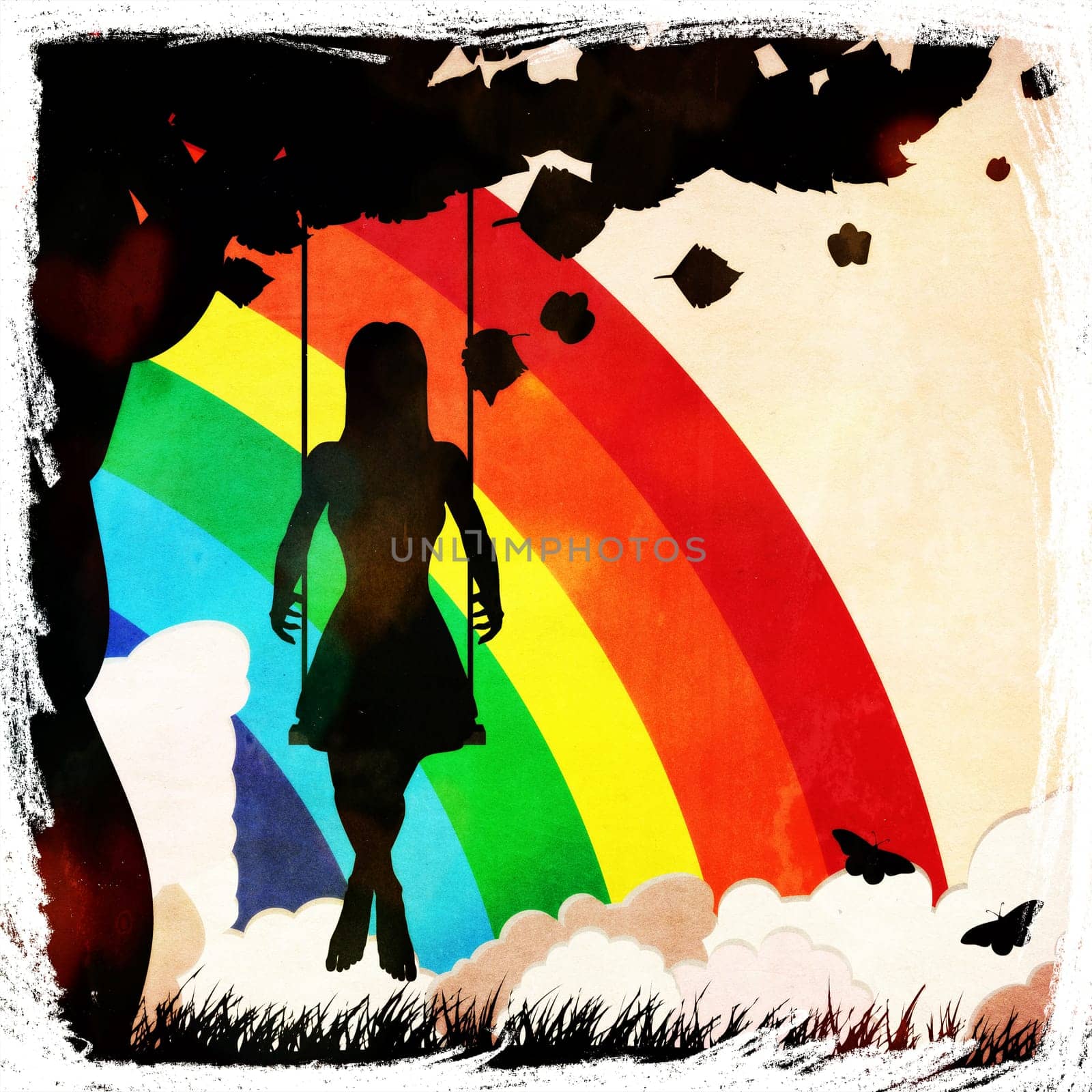Silhouette of a girl sitting on a swing under the tree on grunge rainbow background.