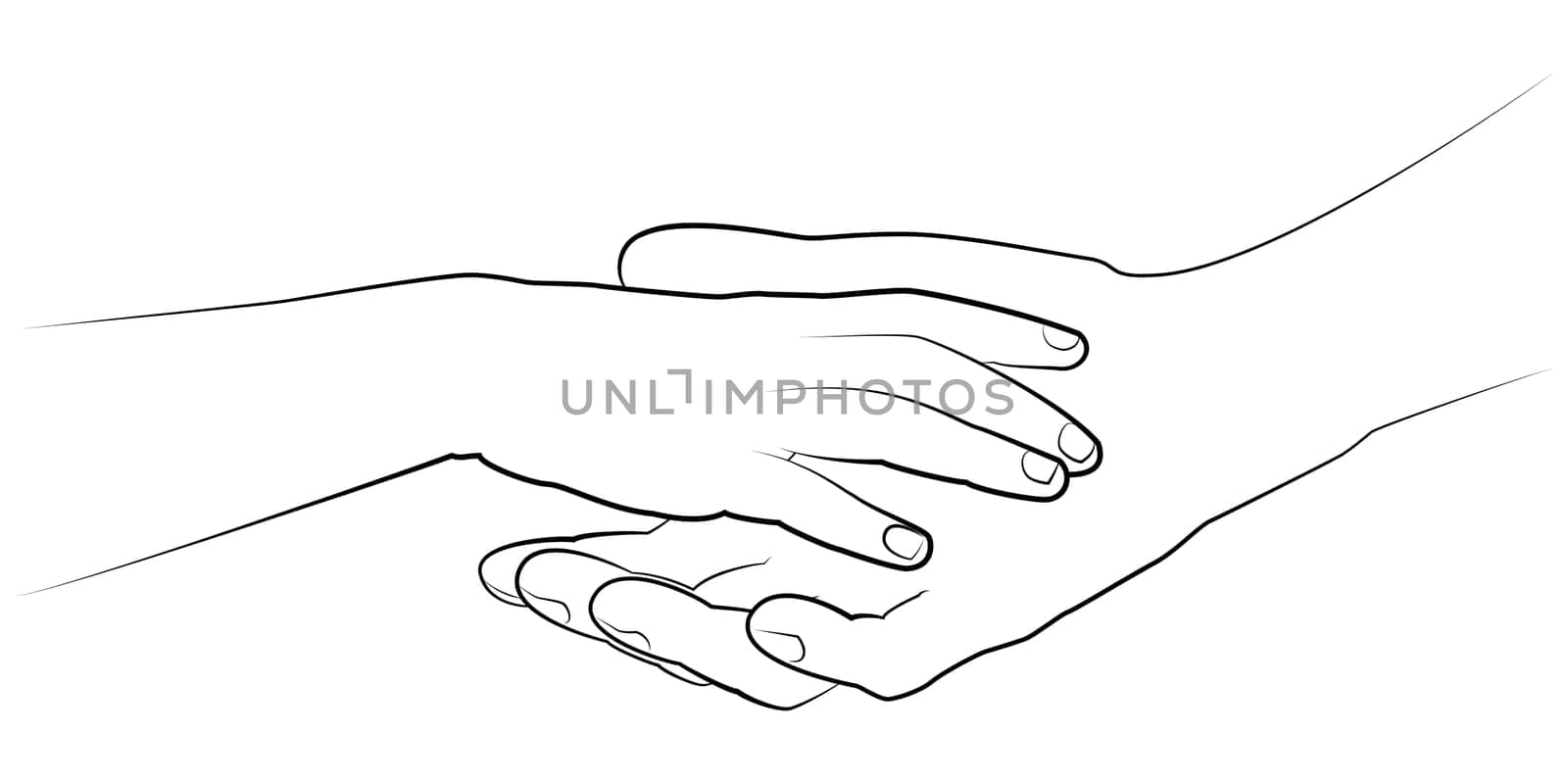 Man's hand holding a child's palm. Vector monochrome drawing