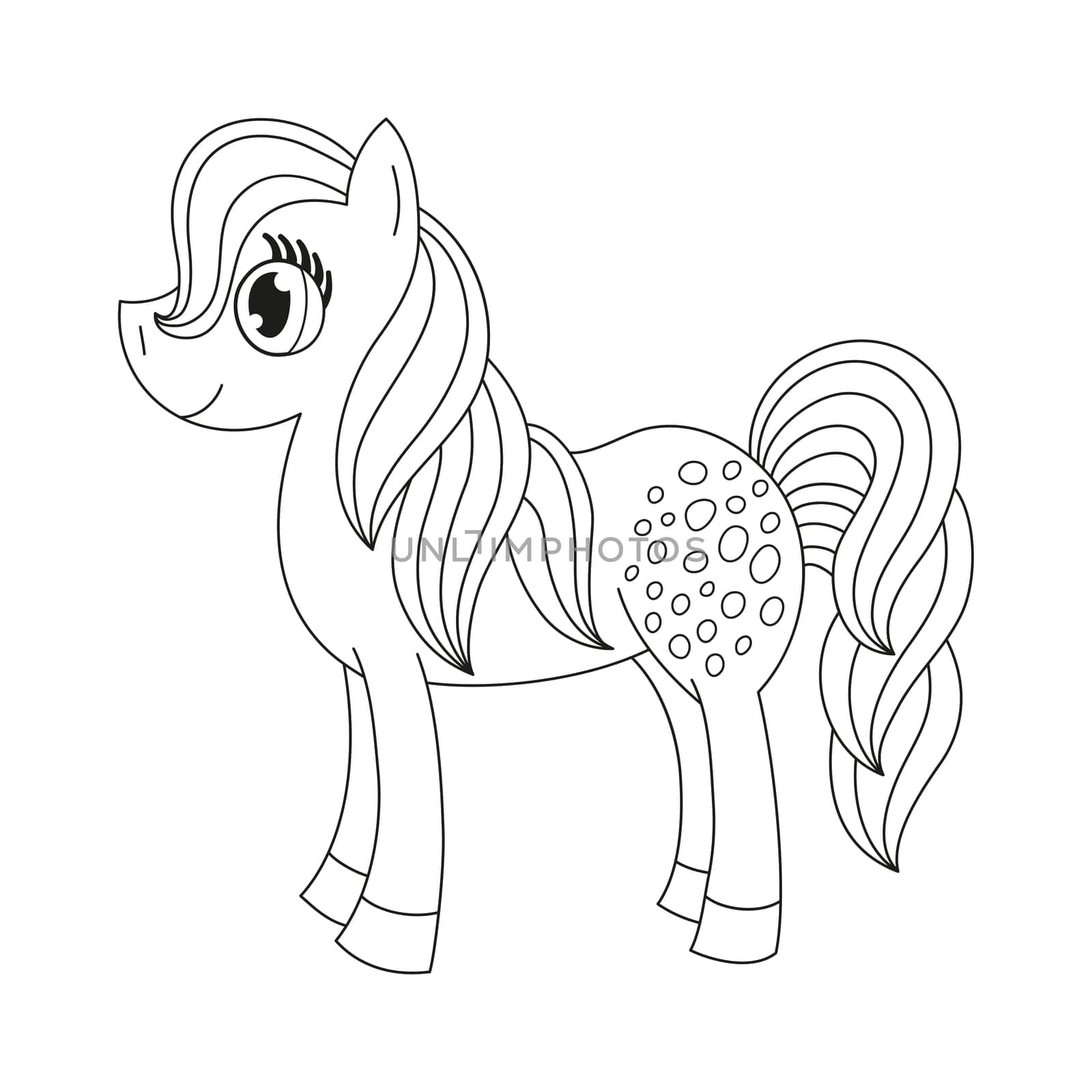 Vector illustration of cute horse, pony with a magnificent mane and tail, coloring book page for children
