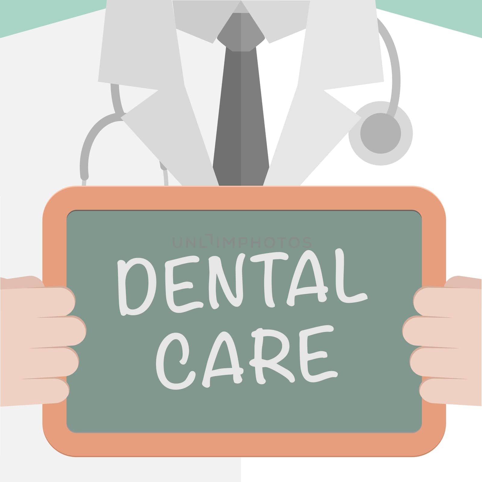 minimalistic illustration of a doctor holding a blackboard with dental care text, eps10 vector