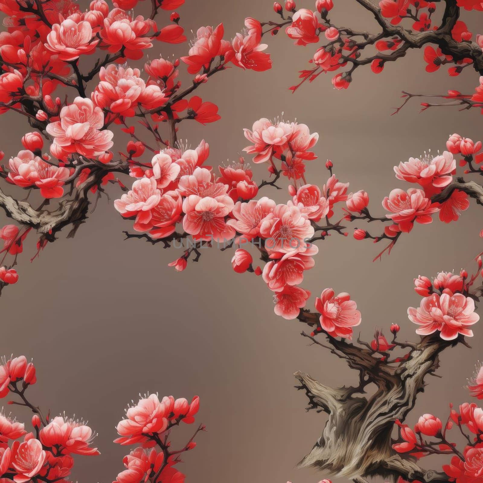 Chinese cherry blossoms on branching abstract illustration in a realistic style (tiled)