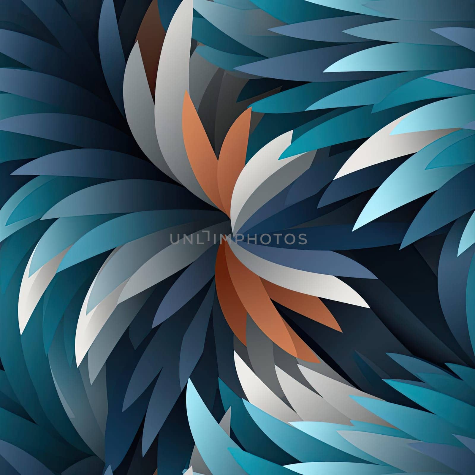 Abstract leaves in blue, orange, and white on a layered background (tiled)