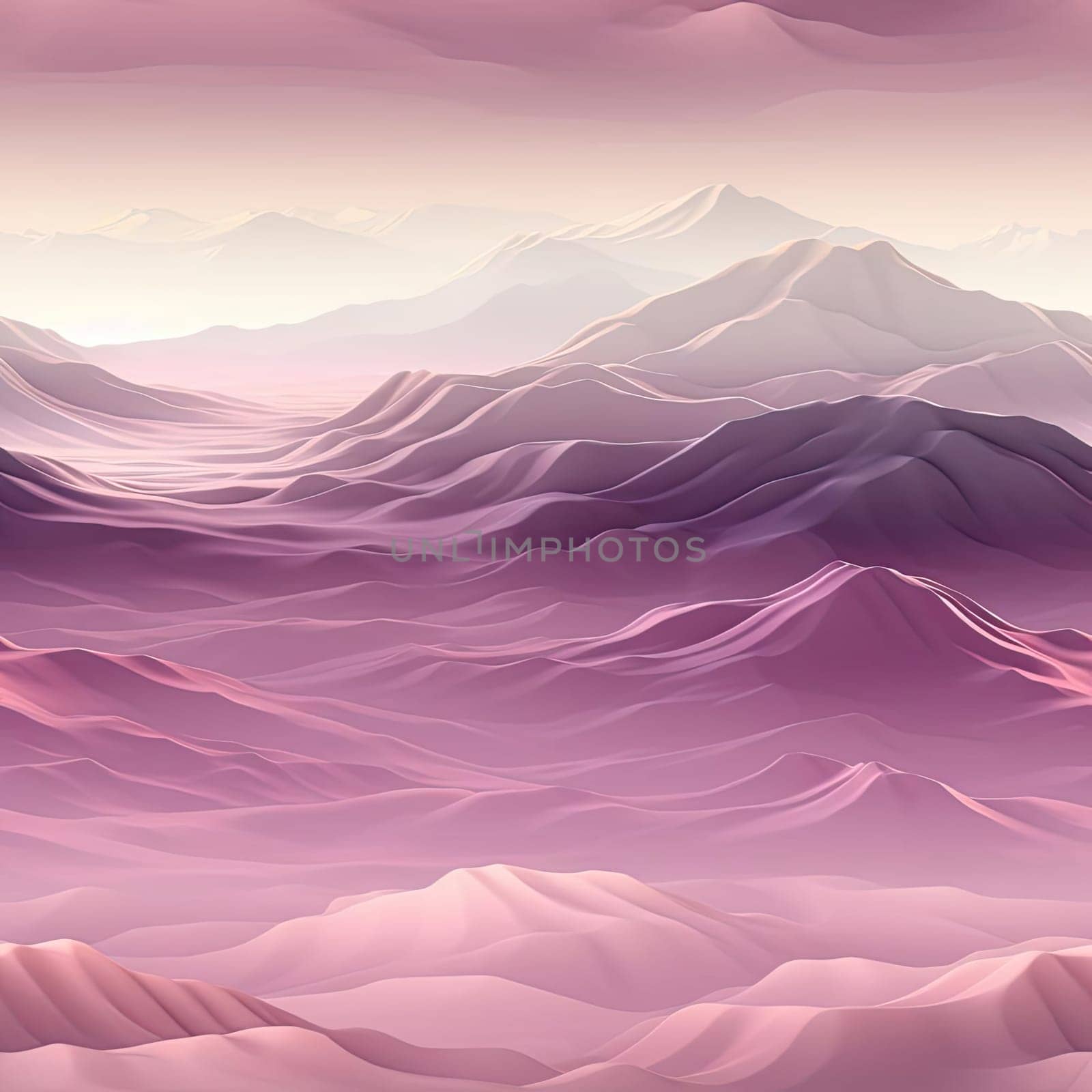 3D landscape with mountains, clouds, and sunset scene in shades of pink (tiled)