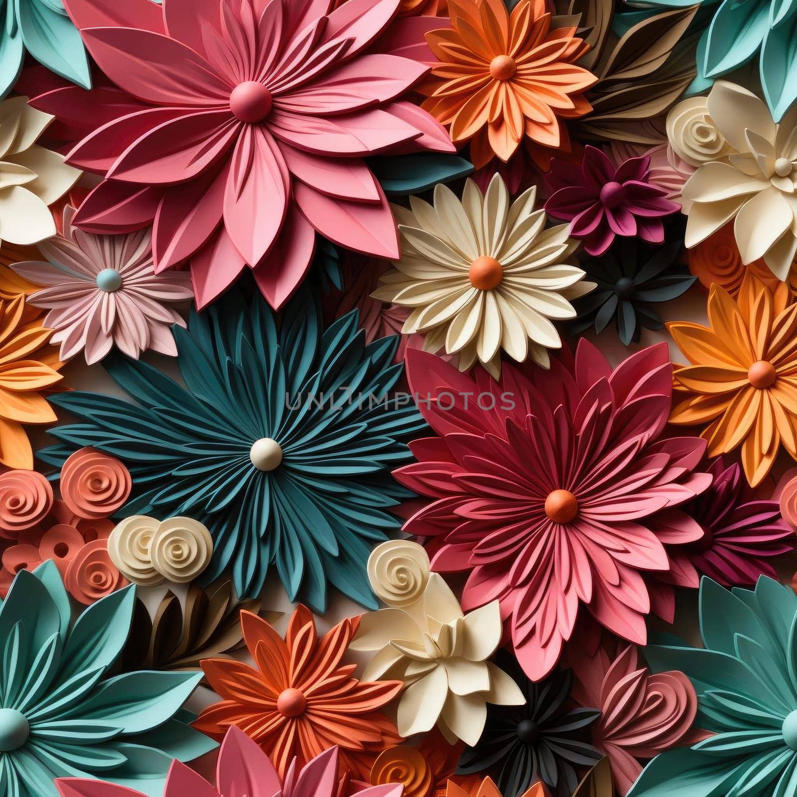 Multicolor pattern of paper flowers with hyper-realistic details (tiled)