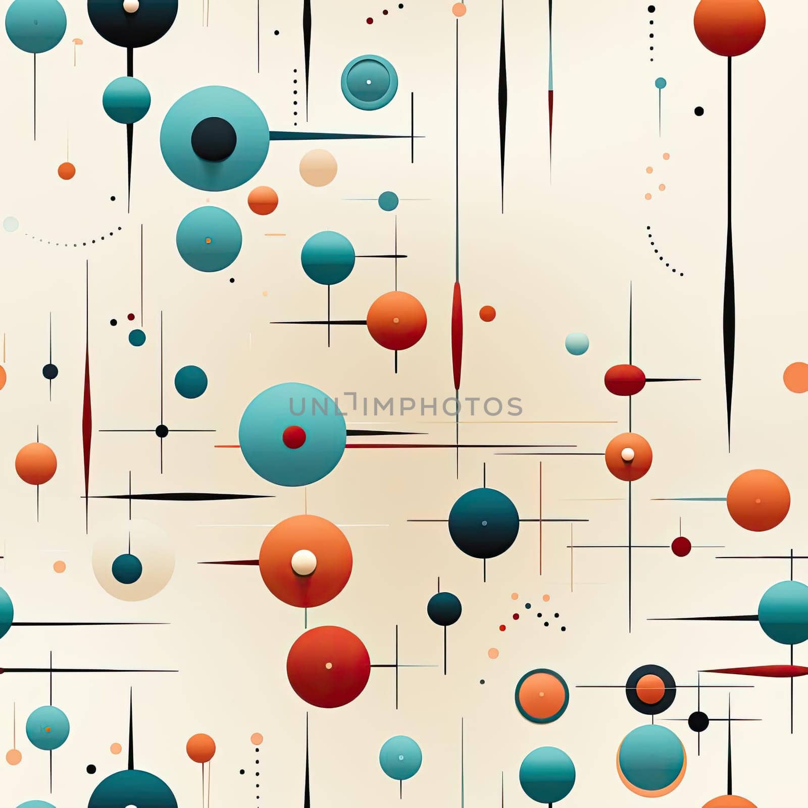 Retro-futuristic pattern with circles and dots in light amber and sky-blue (tiled)