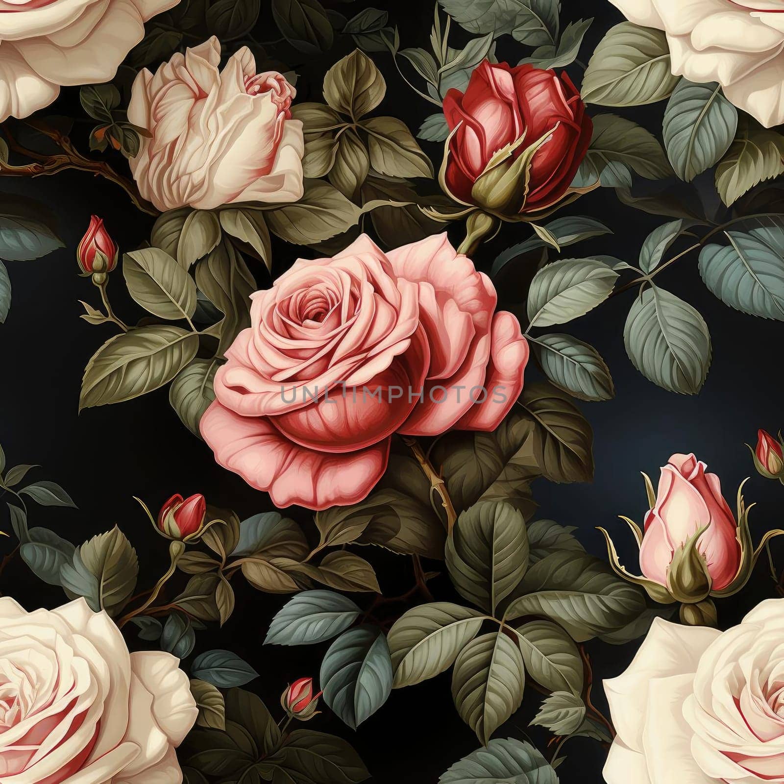 Floral print of roses on a black background with ultra detailed rococo patterns (tiled)