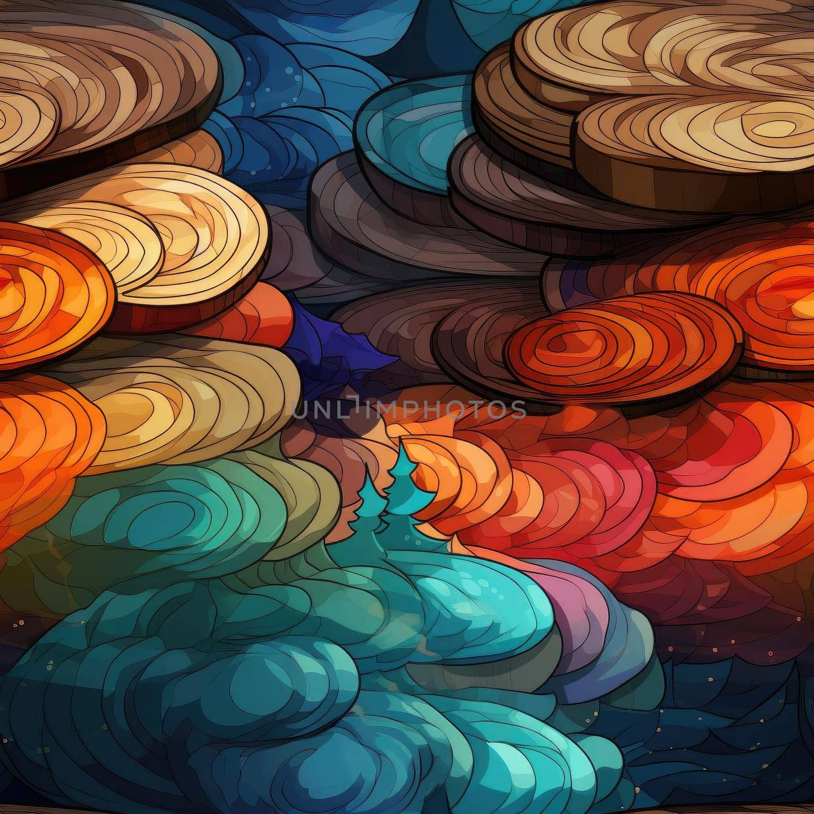Cartoon illustration of rocks with colorful turbulence (tiled)