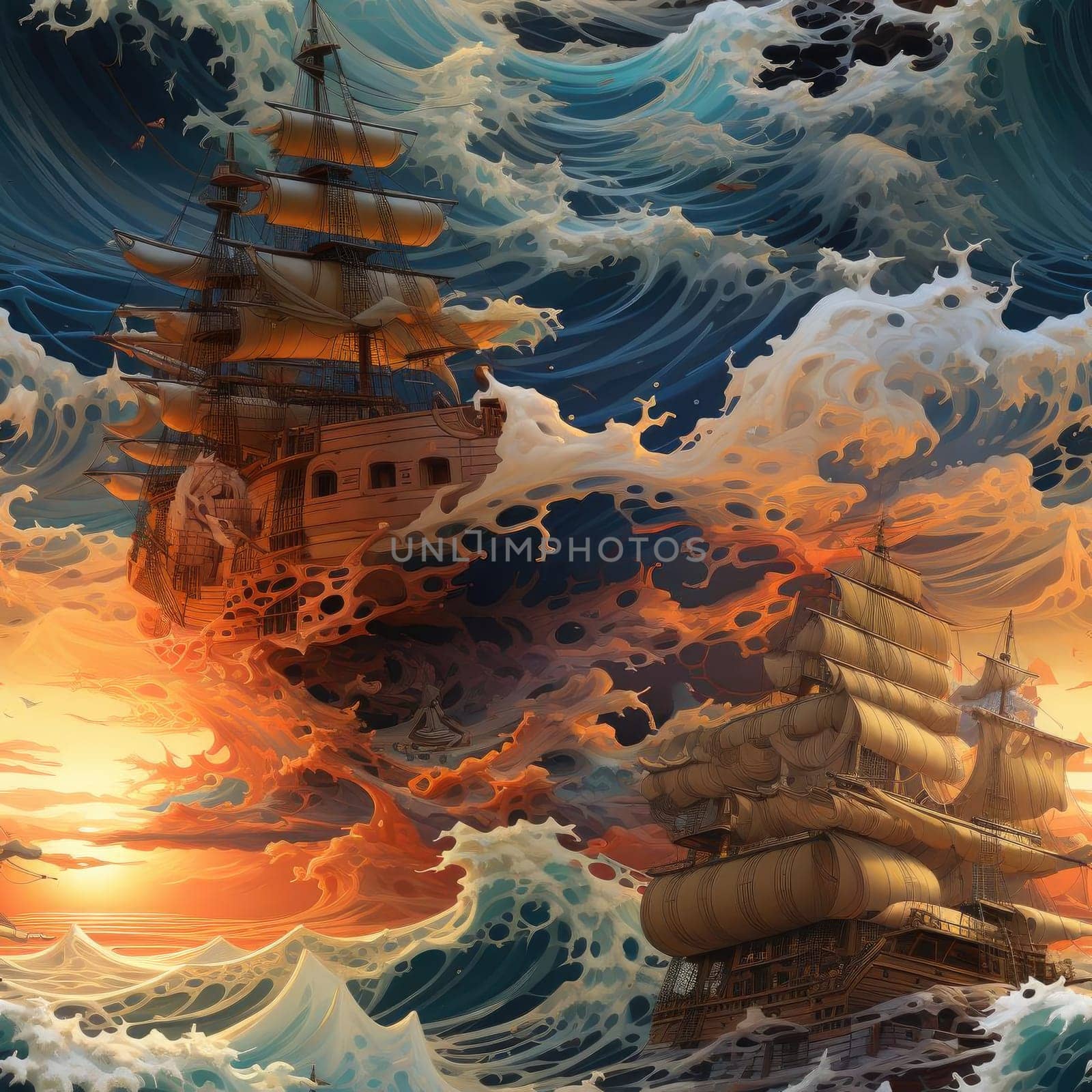 Intricate and bizarre illustrations of sailing ships in a storm (tiled)