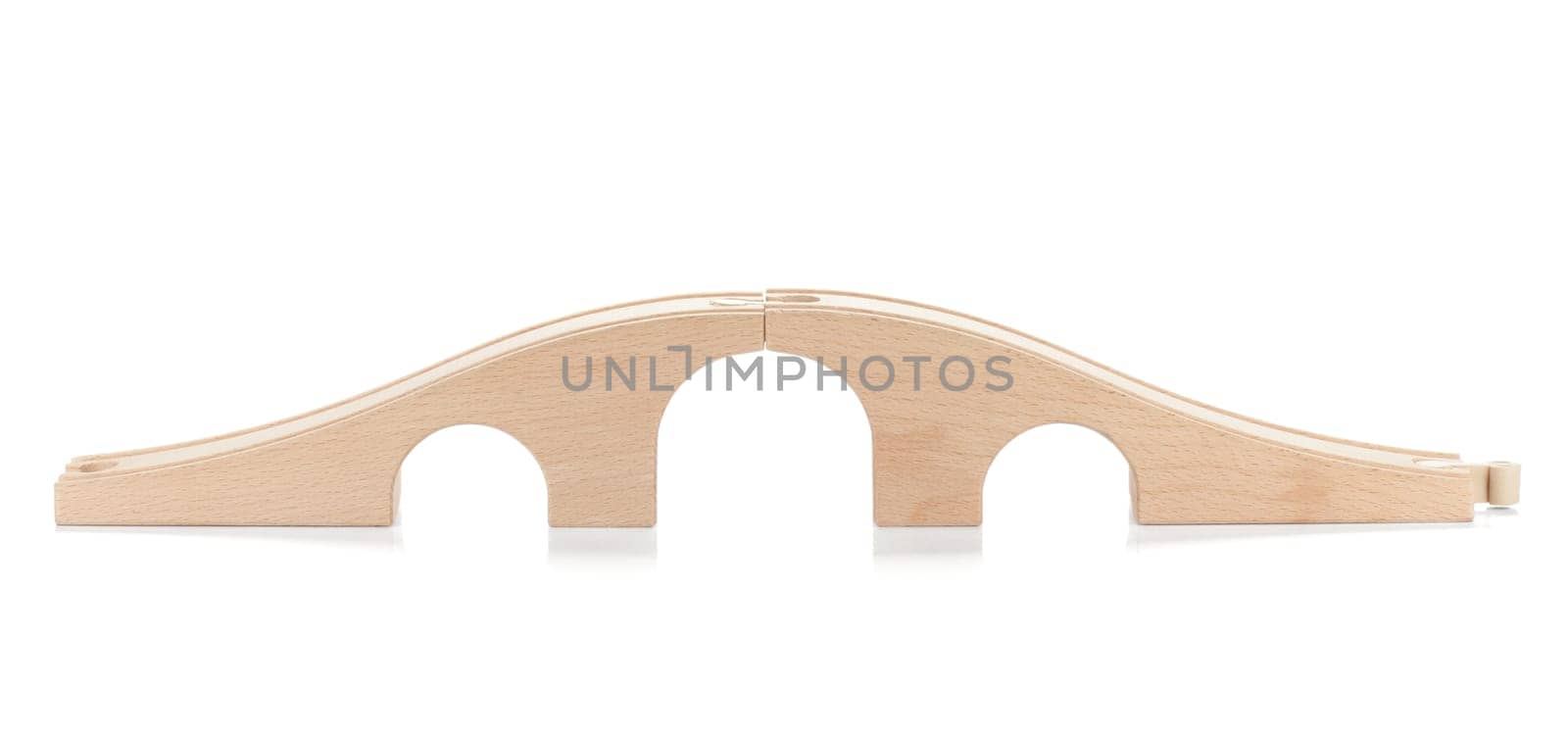 Wooden toy railway bridge. Isolated on white background