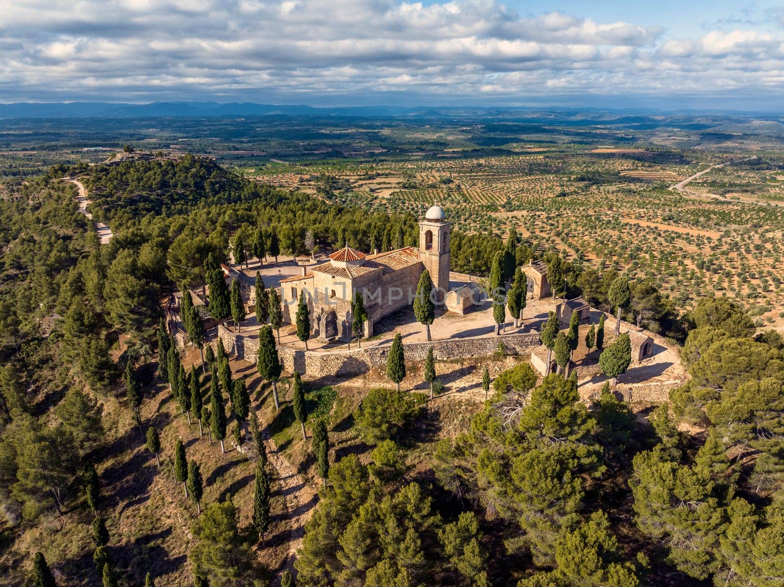 Calaceite Teruel hermitage of San Cristobal, Spain. Aerial view