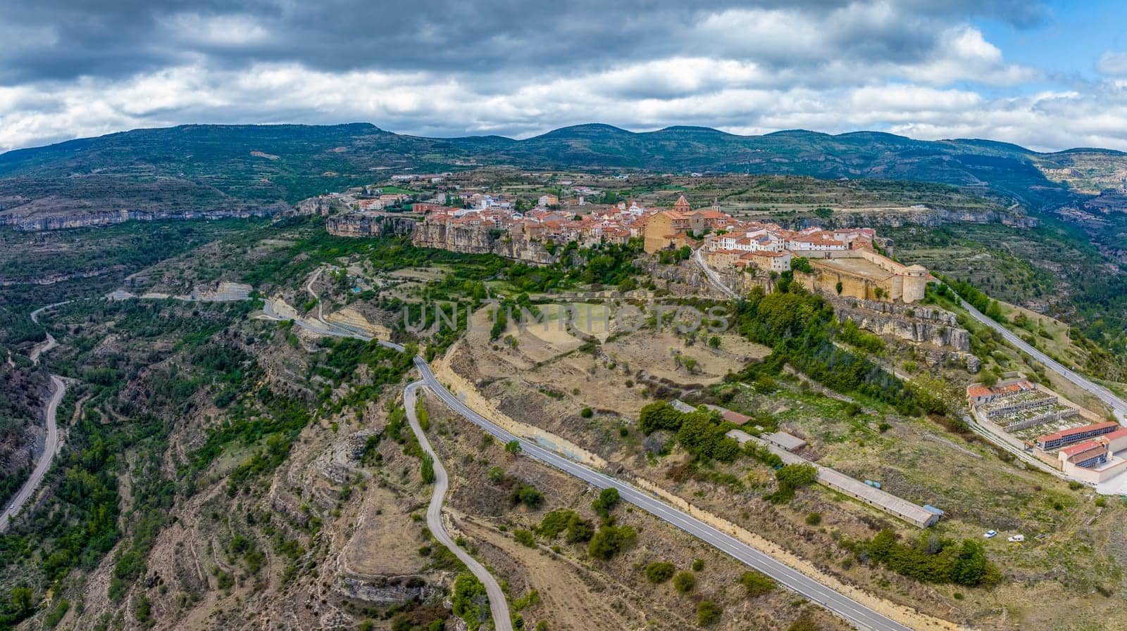 Spanish medieval town of Cantavieja aerial view, Teruel. Beautiful Towns of Spain