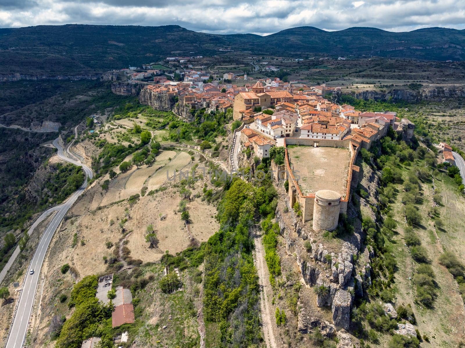 Spanish medieval town of Cantavieja Front panoramic aerial view, Teruel. Beautiful Towns of Spain
