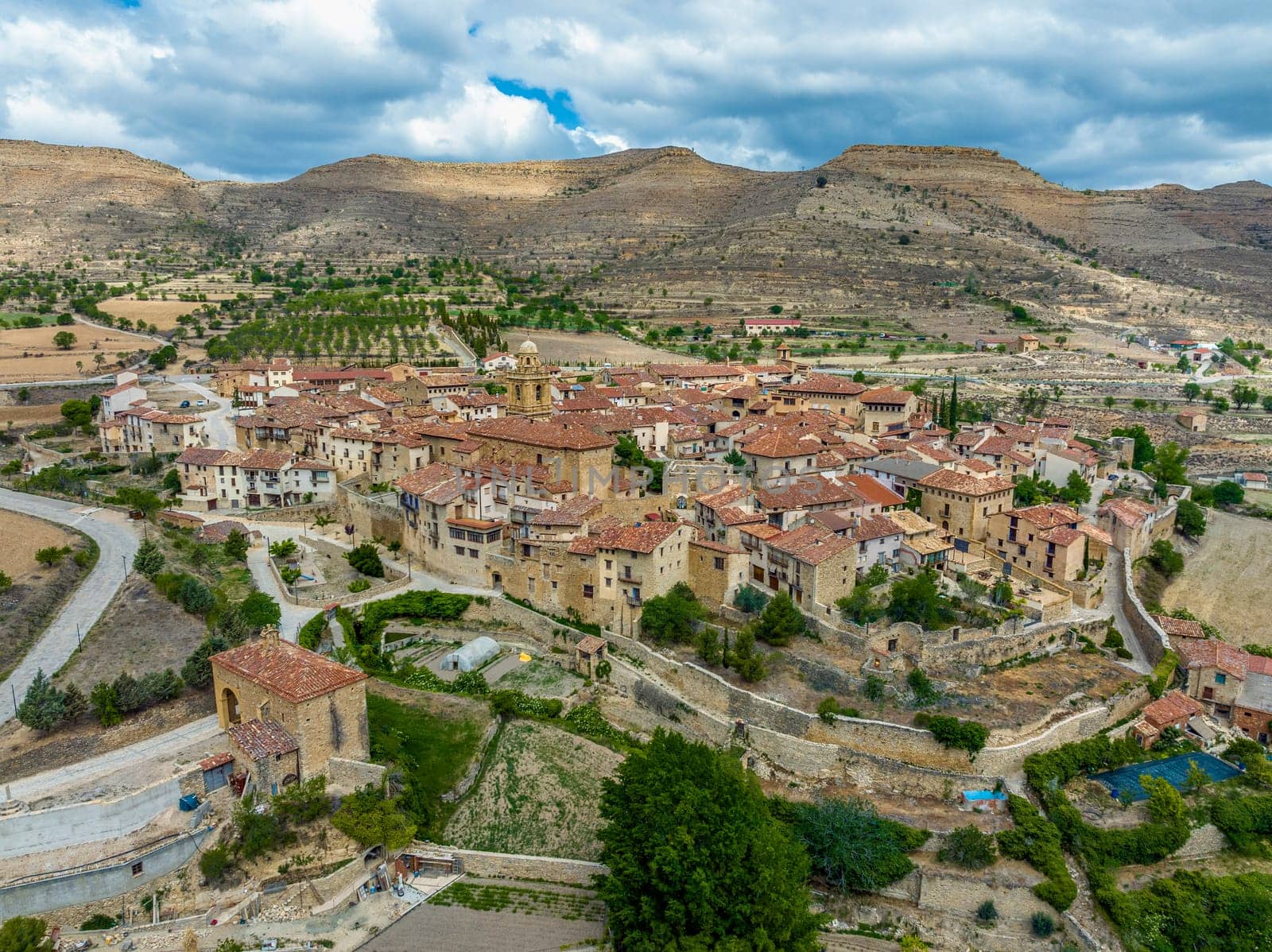 Mirambel in Teruel, Side panoramic aerial view, Spain