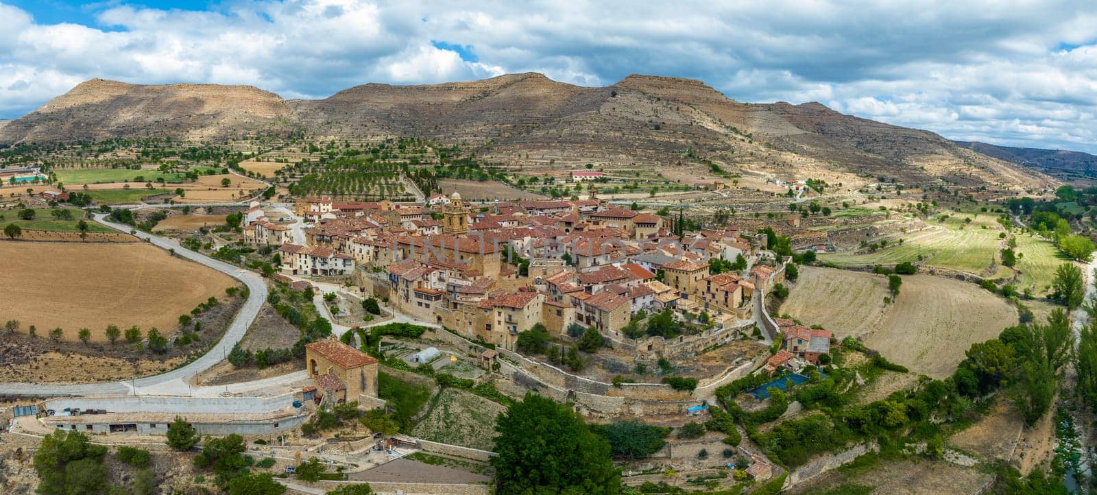 Mirambel in Teruel, panoramic aerial view, Spain
