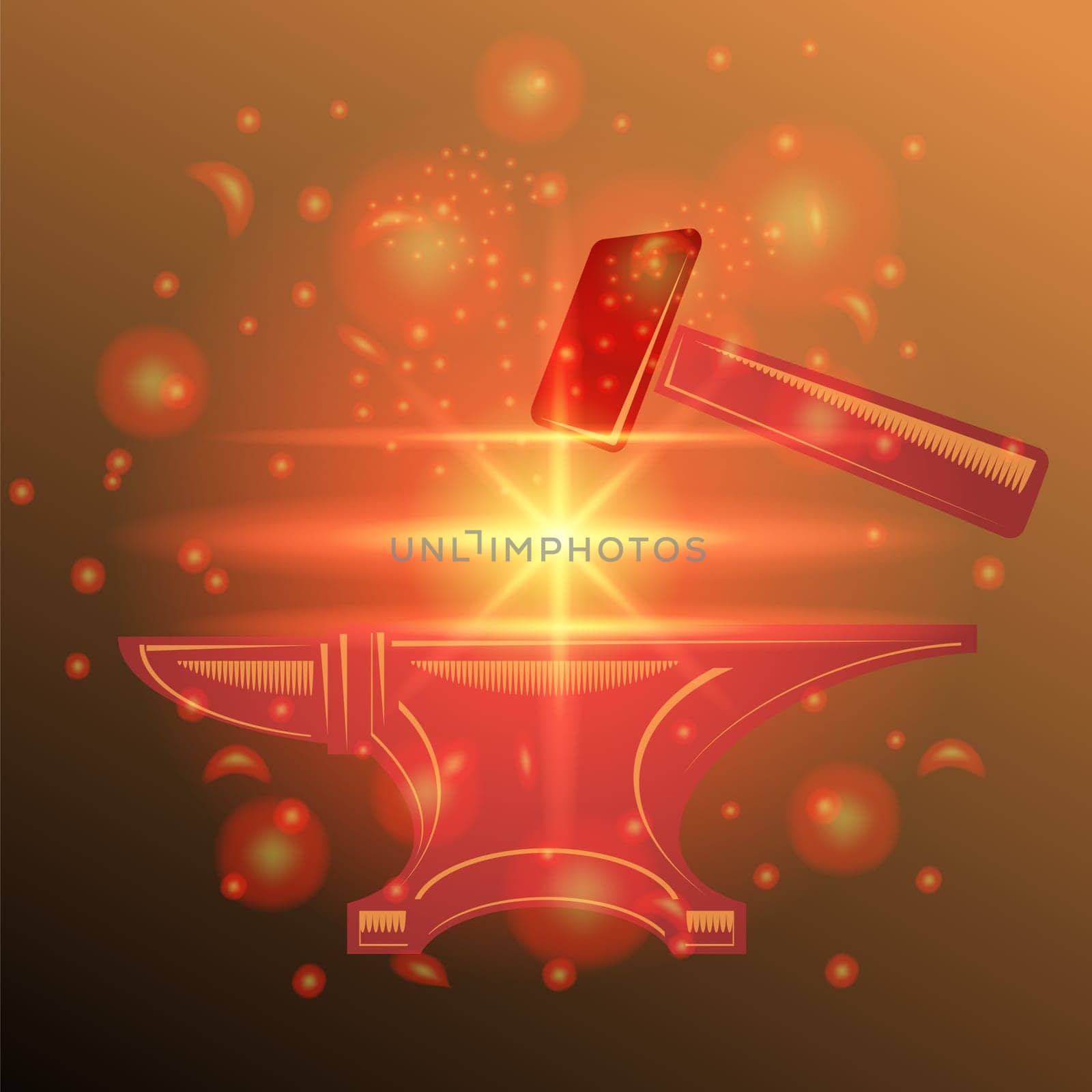 Raster Anvil and Hammer Icon with Yellow Red Flash and Stars on Dark Blurred Background. Industrial Logo Design.