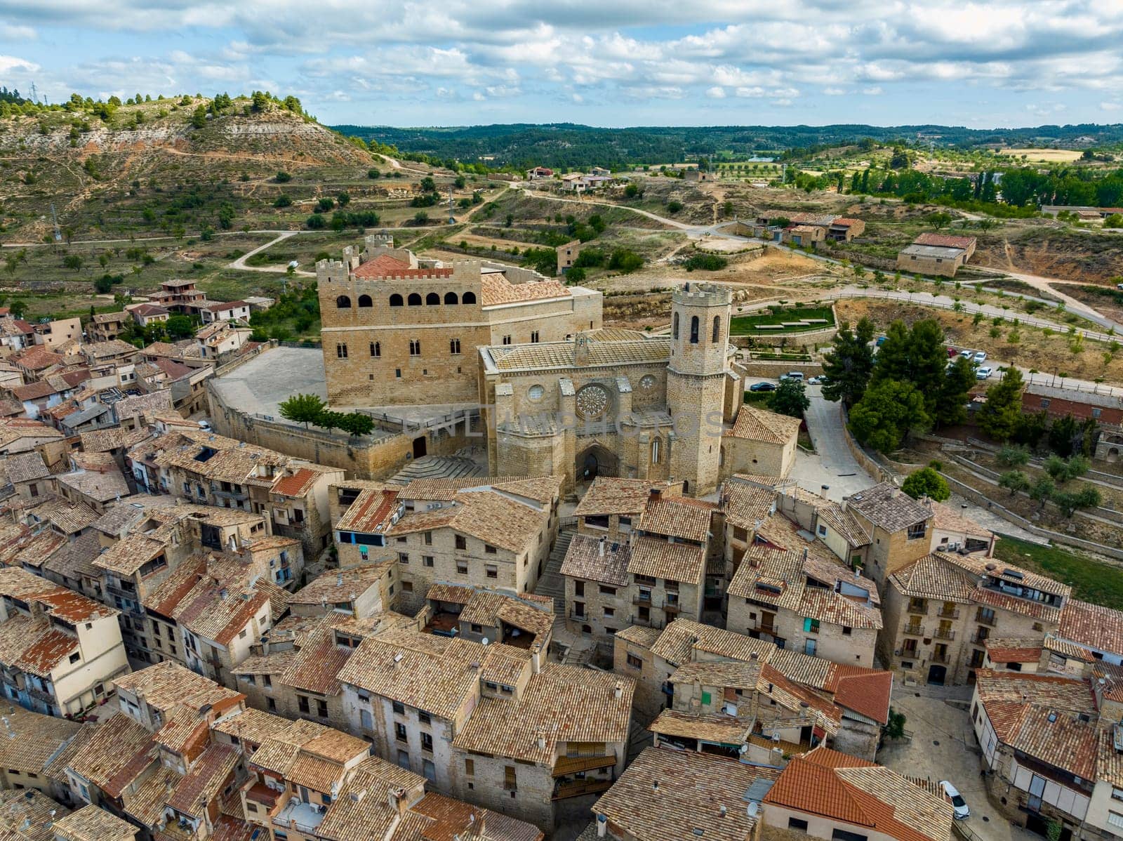 Aerial view of Valderrobres Teruel province, Castle and Church of Santa Maria la Mayor Aragon, Spain