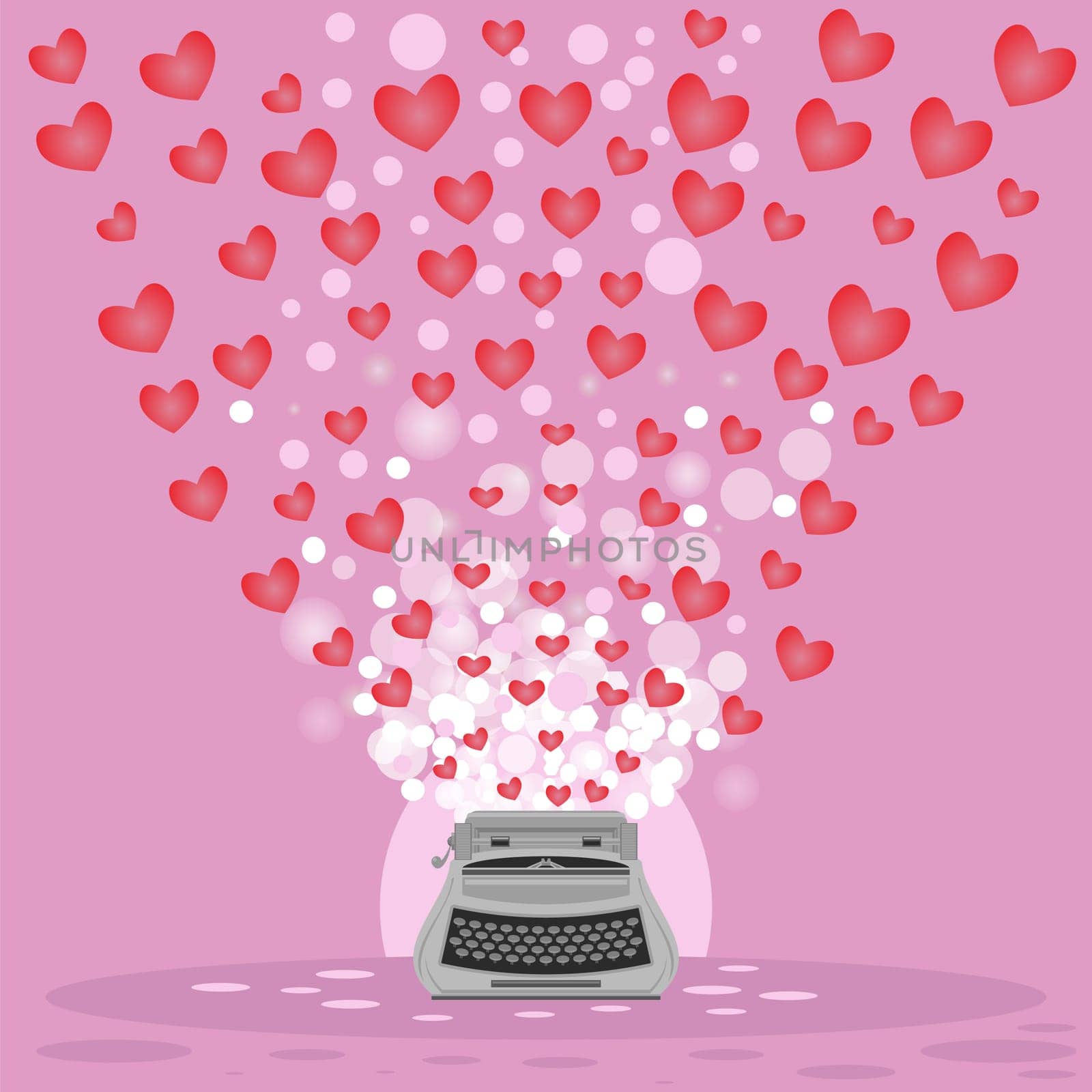 Raster Grey Typewriter and Set of Red Hearts Icons Isolated on Pink Background.