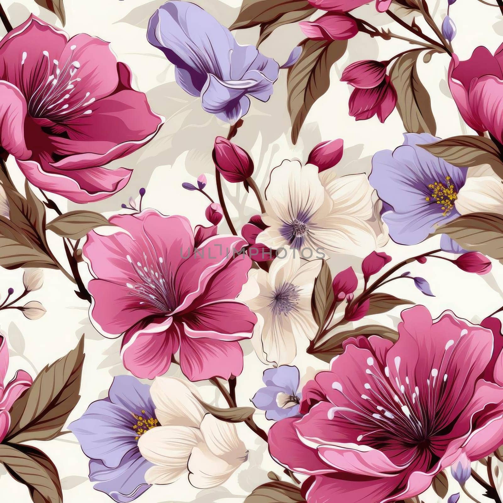 Elegant seamless floral pattern in pink, blue, and purple colors (tiled)