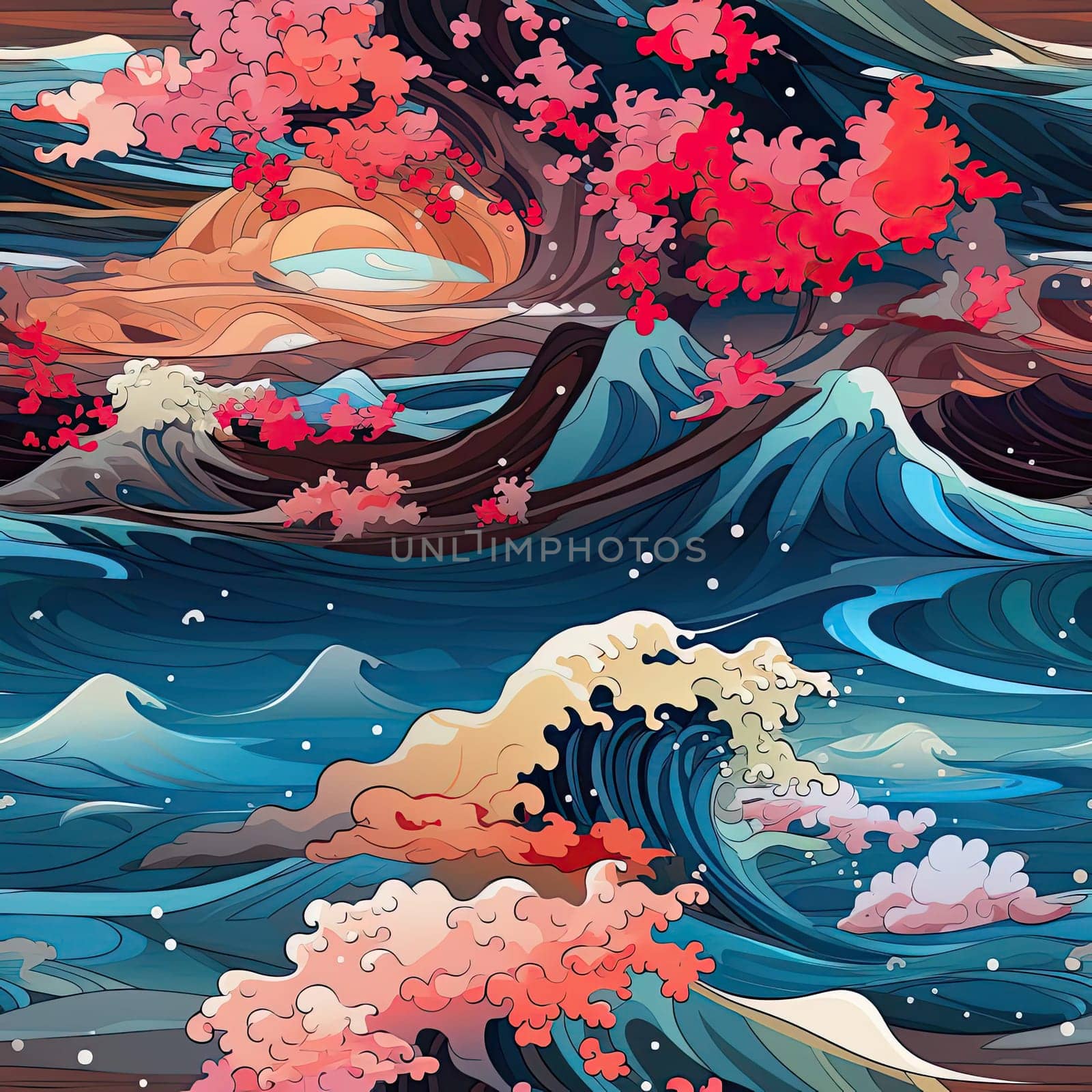 Japanese-style seamless patterns with summer sunset and stormy seascapes (tiled)