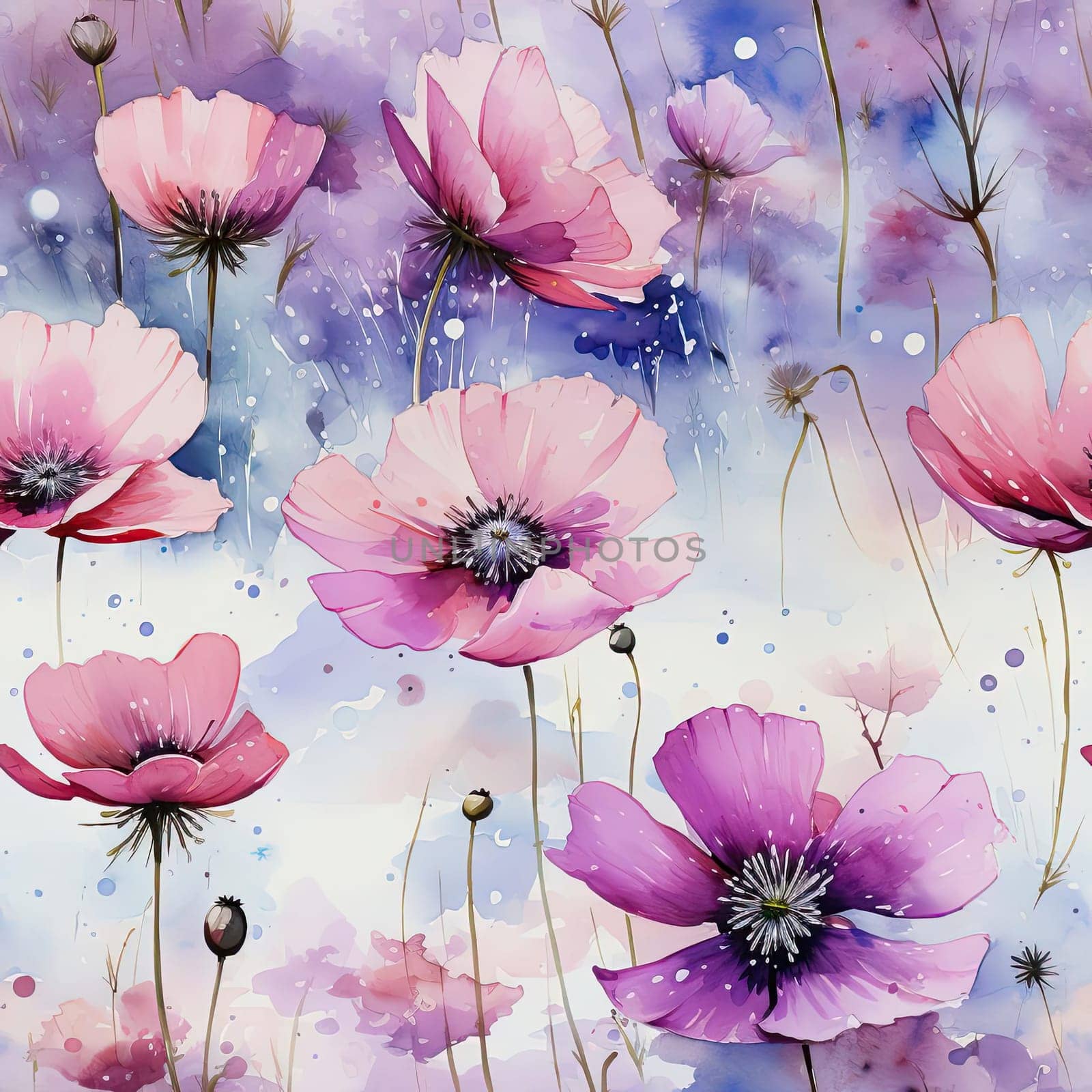 Delicate watercolor poppies in a nature background (tiled)