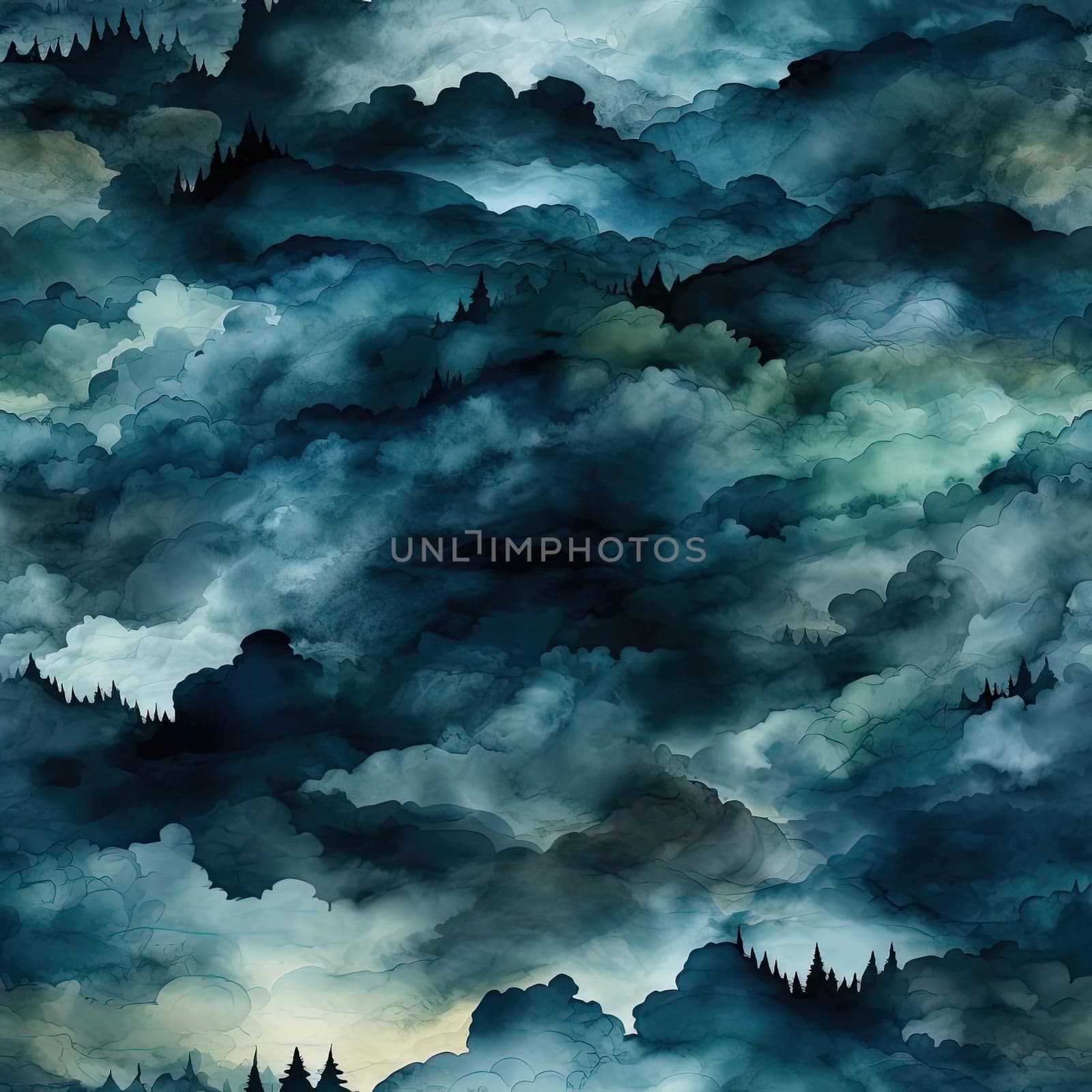 Dark blue clouds in surrealistic fantasy landscapes with mist (tiled)