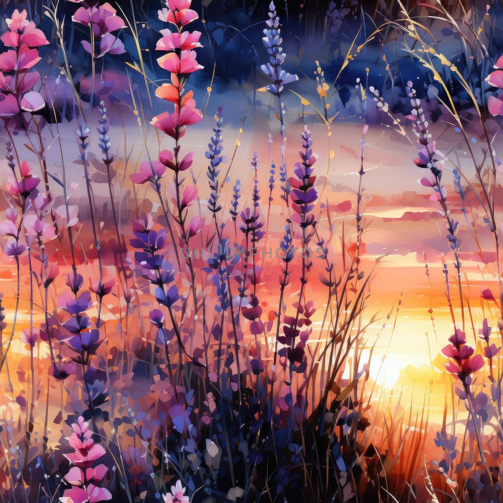 Beautiful watercolor sunset painting of wild flowers with purple leaves (tiled)