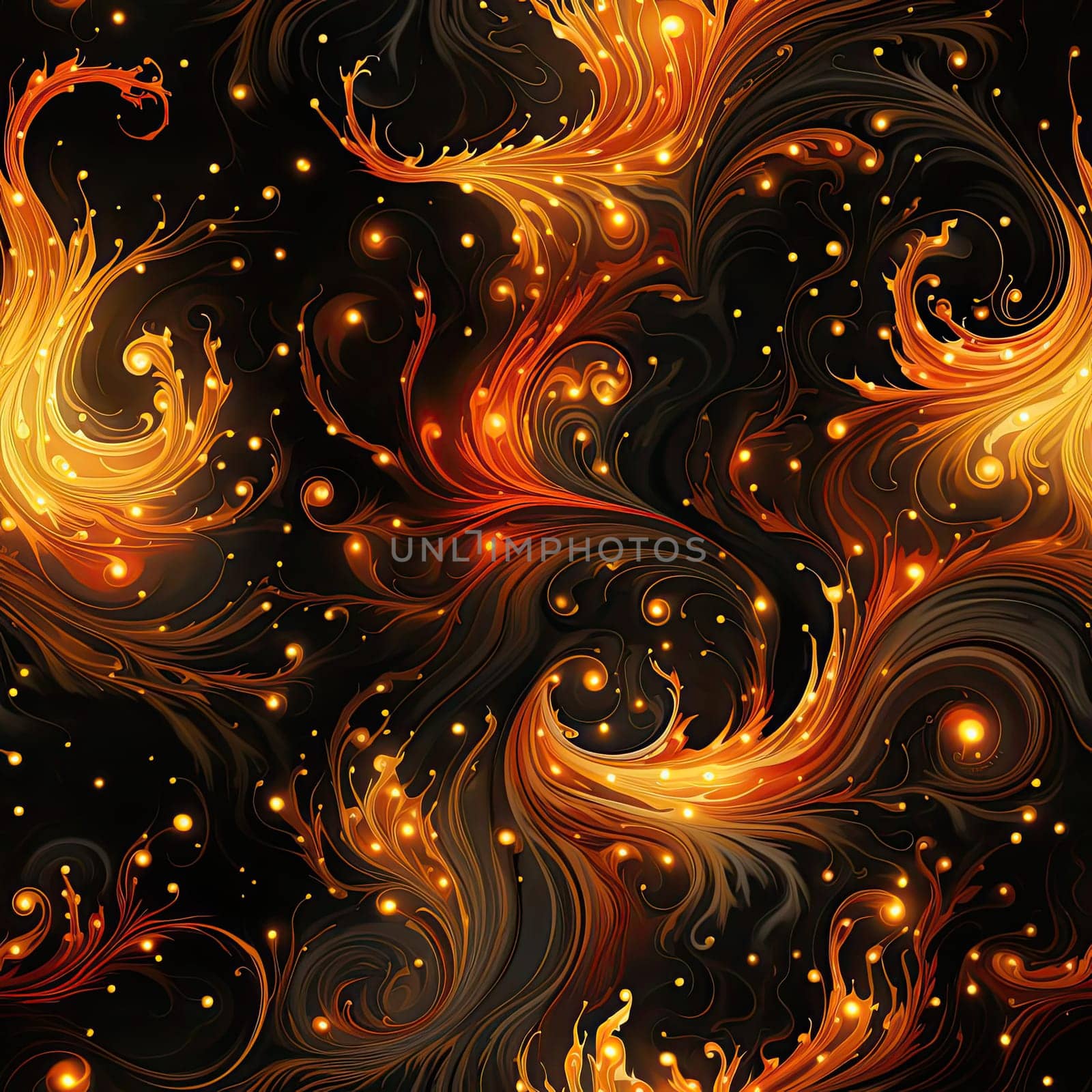 Abstract design of swirling flames and gold patterns (tiled)