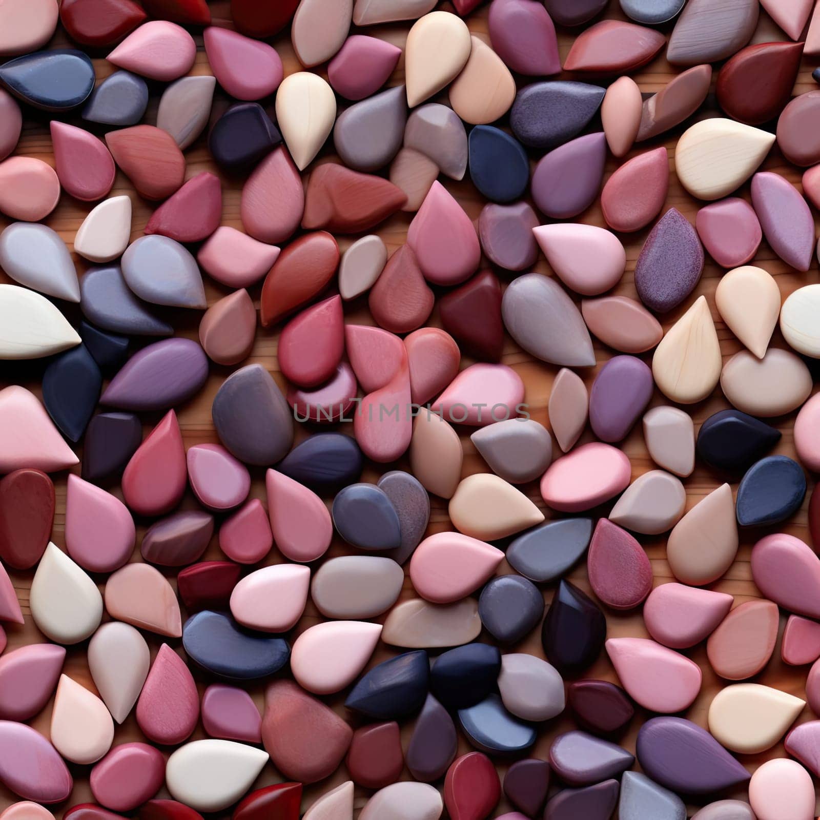 Rainbow-colored pebbles on a wooden surface in soft pastel colors (tiled)