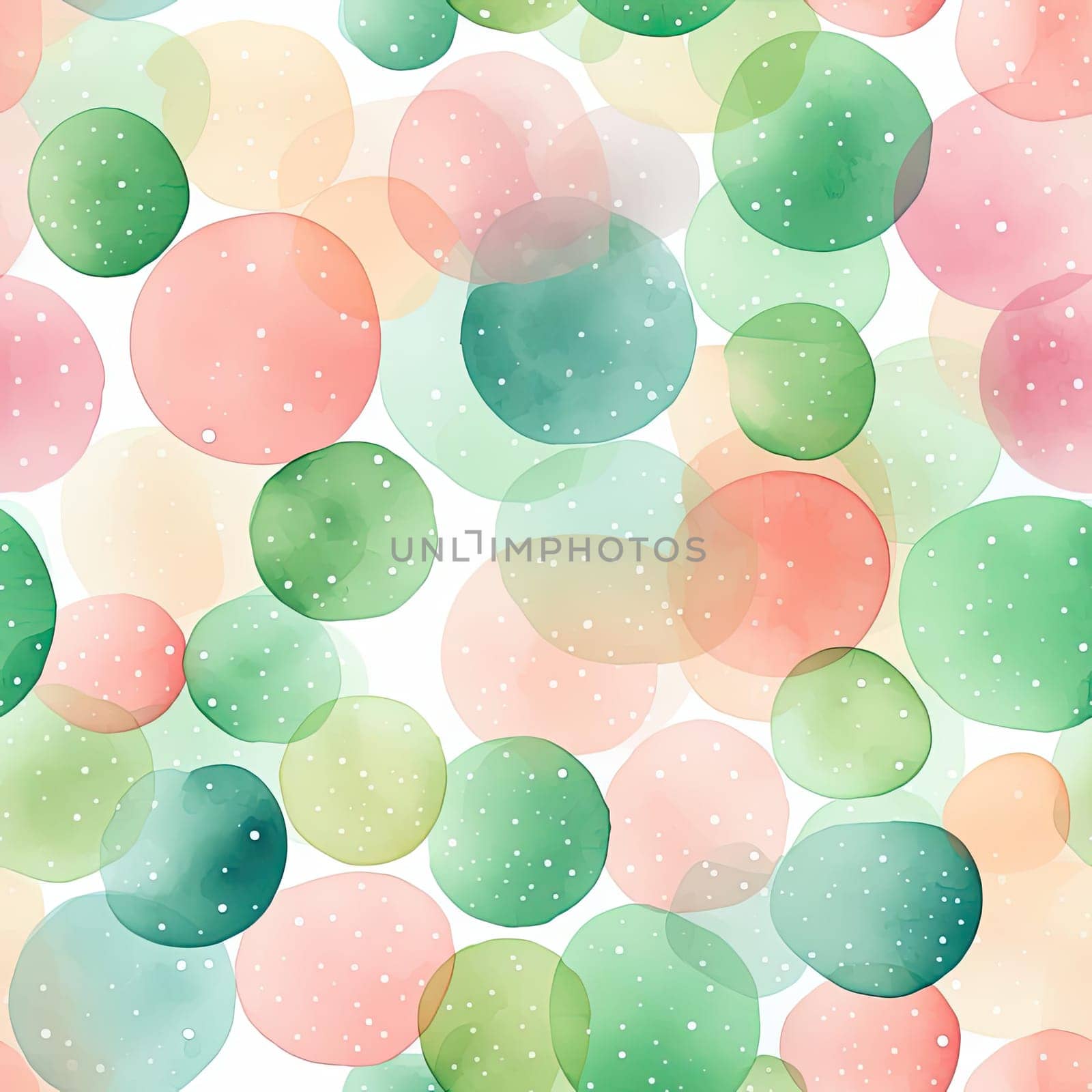 Playful watercolor pattern with green and pink polka dots (tiled)