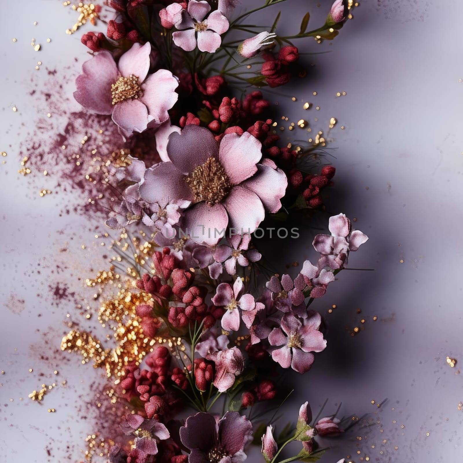 Pink flowers with gold sparks on a gray background (tiled)