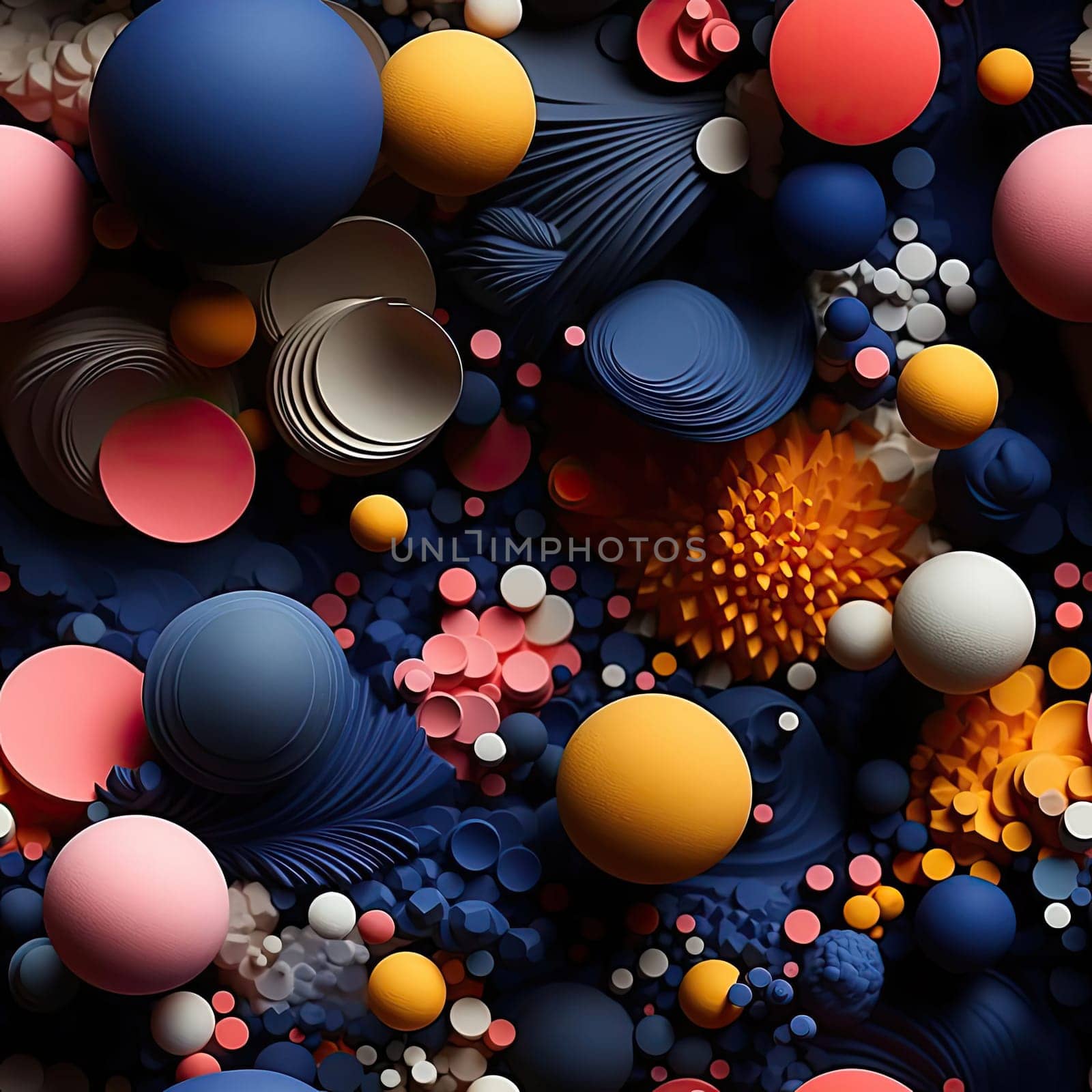 Beautiful 3D spheres in blue, pink, and orange patterns (tiled)