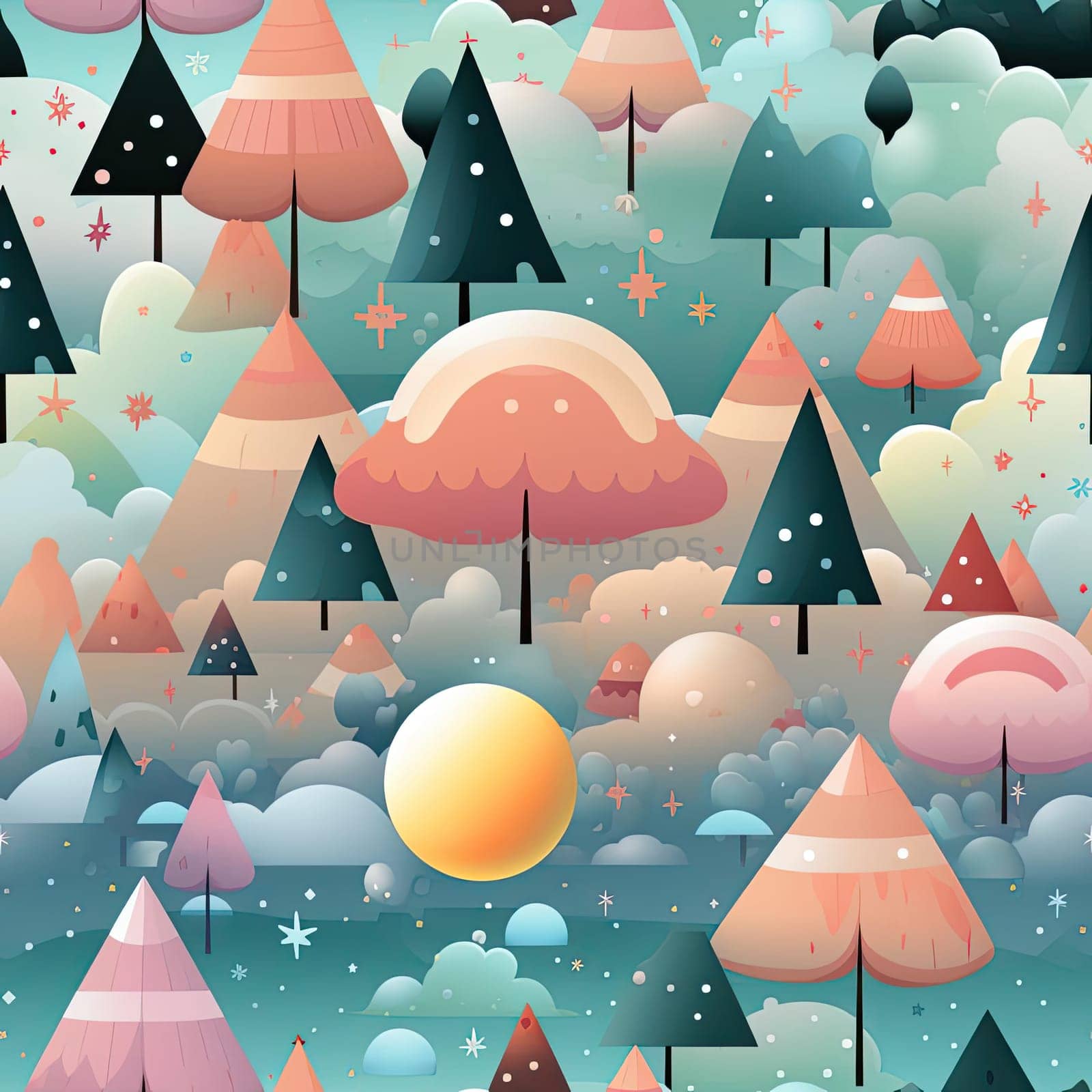 Colorful seamless tree pattern with clouds and stars (tiled)