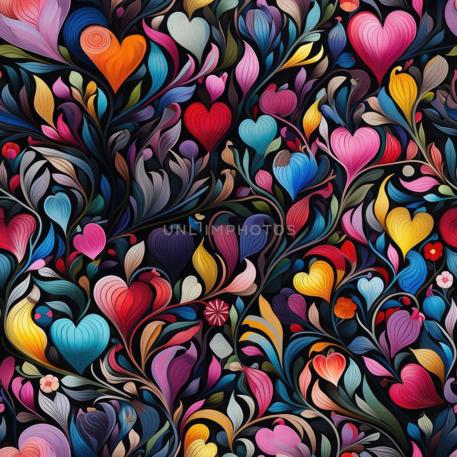 Colorful heart and floral pattern with organic forms and moody colors (tiled)