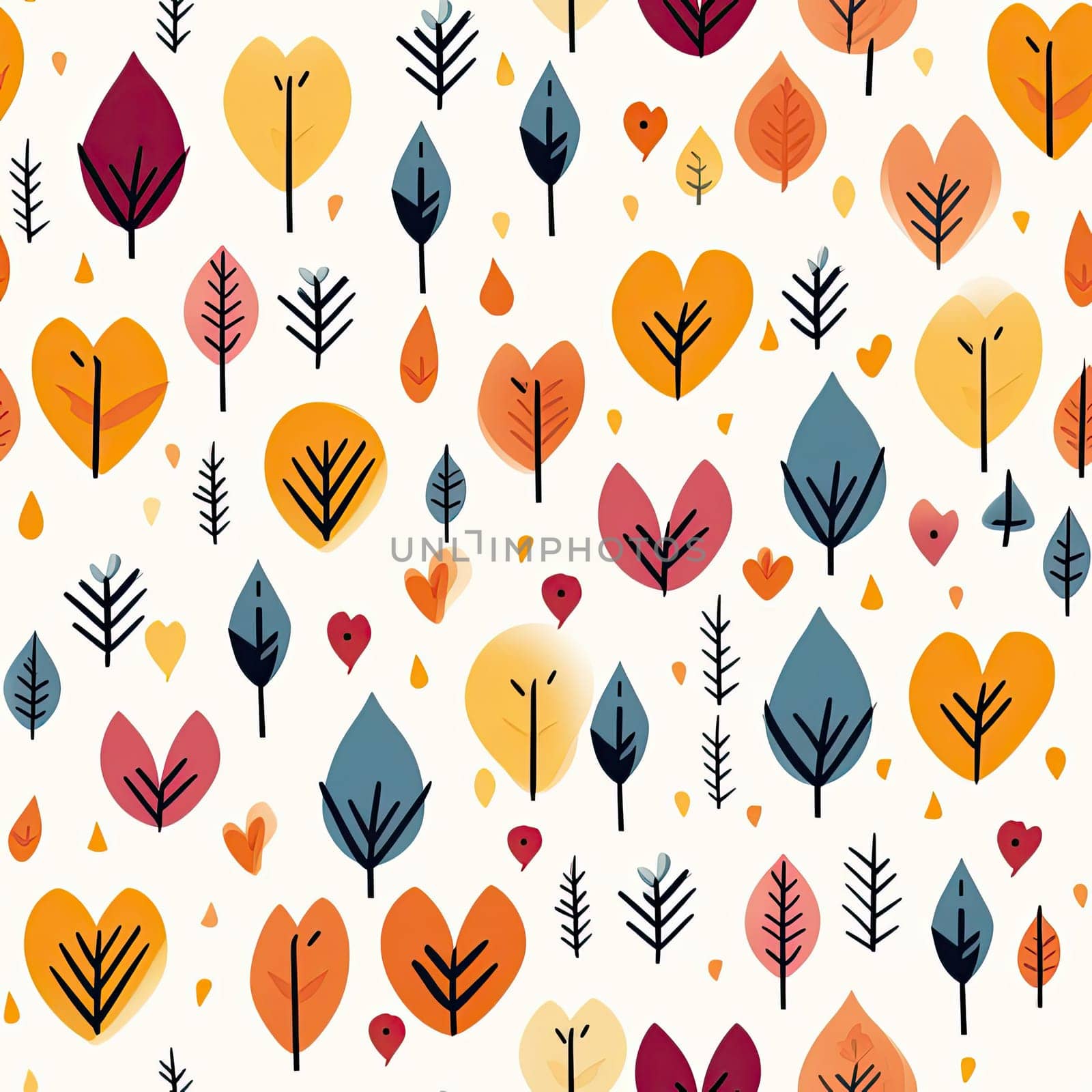 Whimsical autumn foliage patterns with playful shapes and romantic illustrations (tiled)