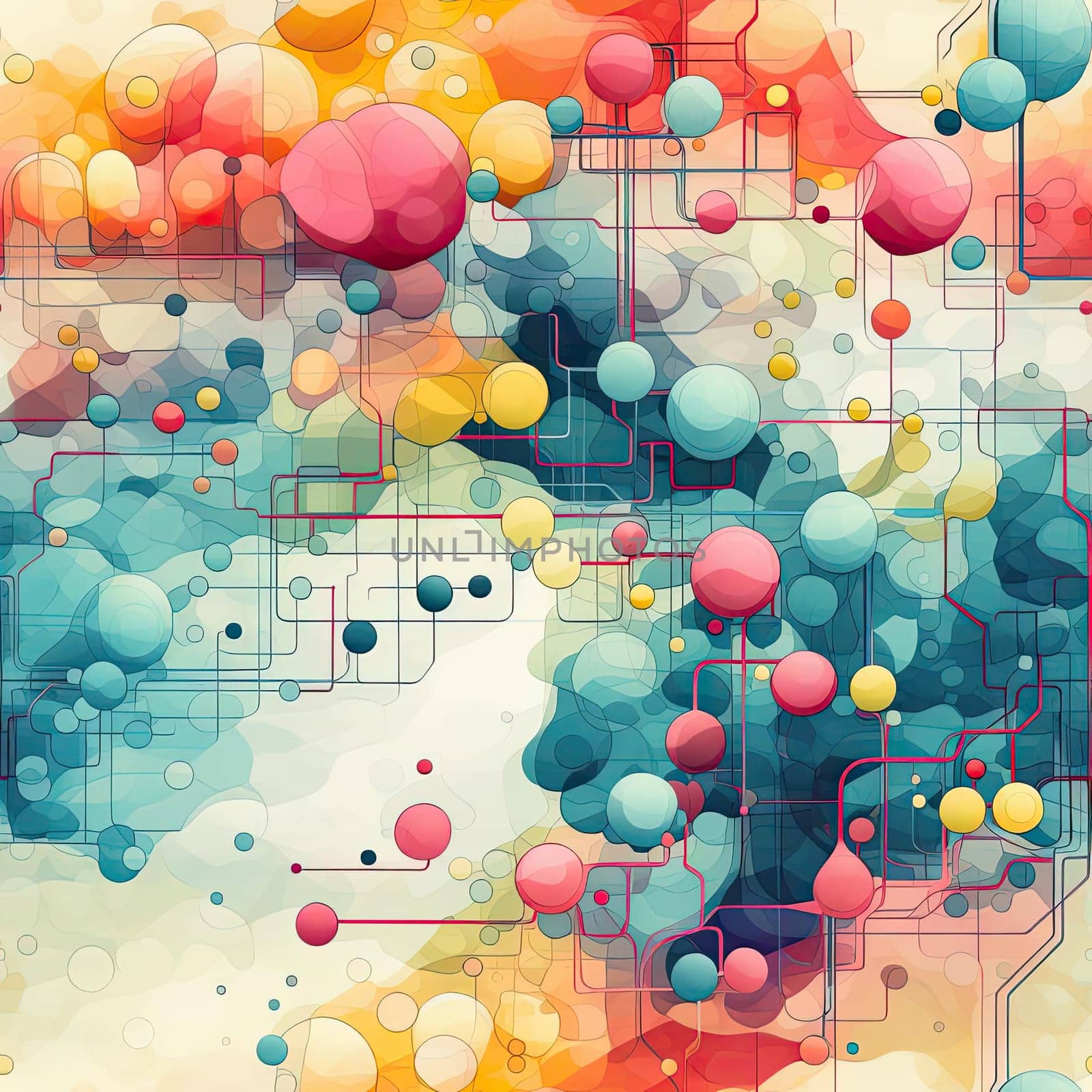 Abstract colorful design over computer circuits resembling realistic watercolor (tiled)