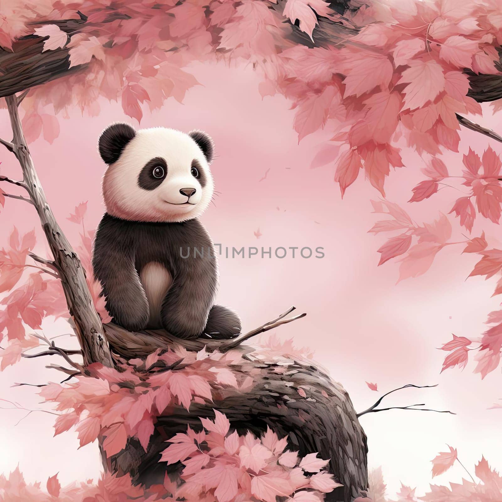 Panda sitting on a branch amidst pink and yellow leaves (tiled)