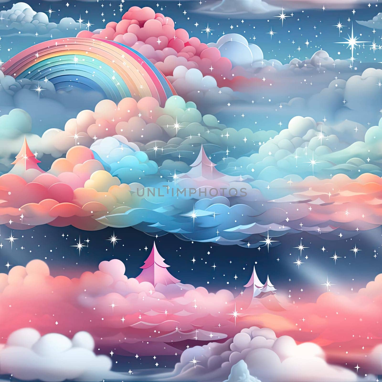 Cute background for a kid's room with clouds, stars, and rainbows (tiled)