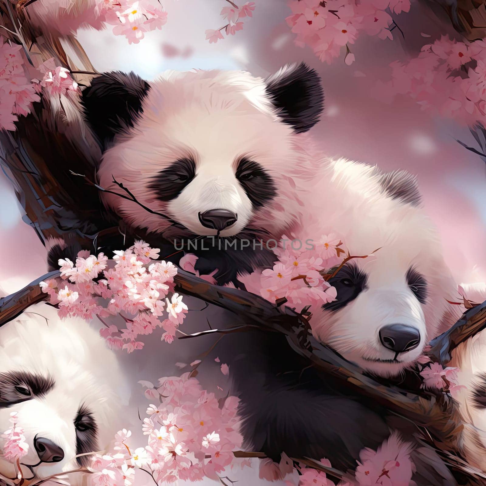 Four pandas surrounded by pink blossoms on a tree branch (tiled)