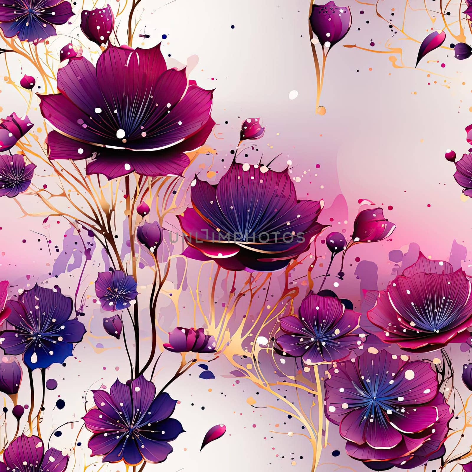 Purple and gold flower seamless art with delicate landscapes (tiled)
