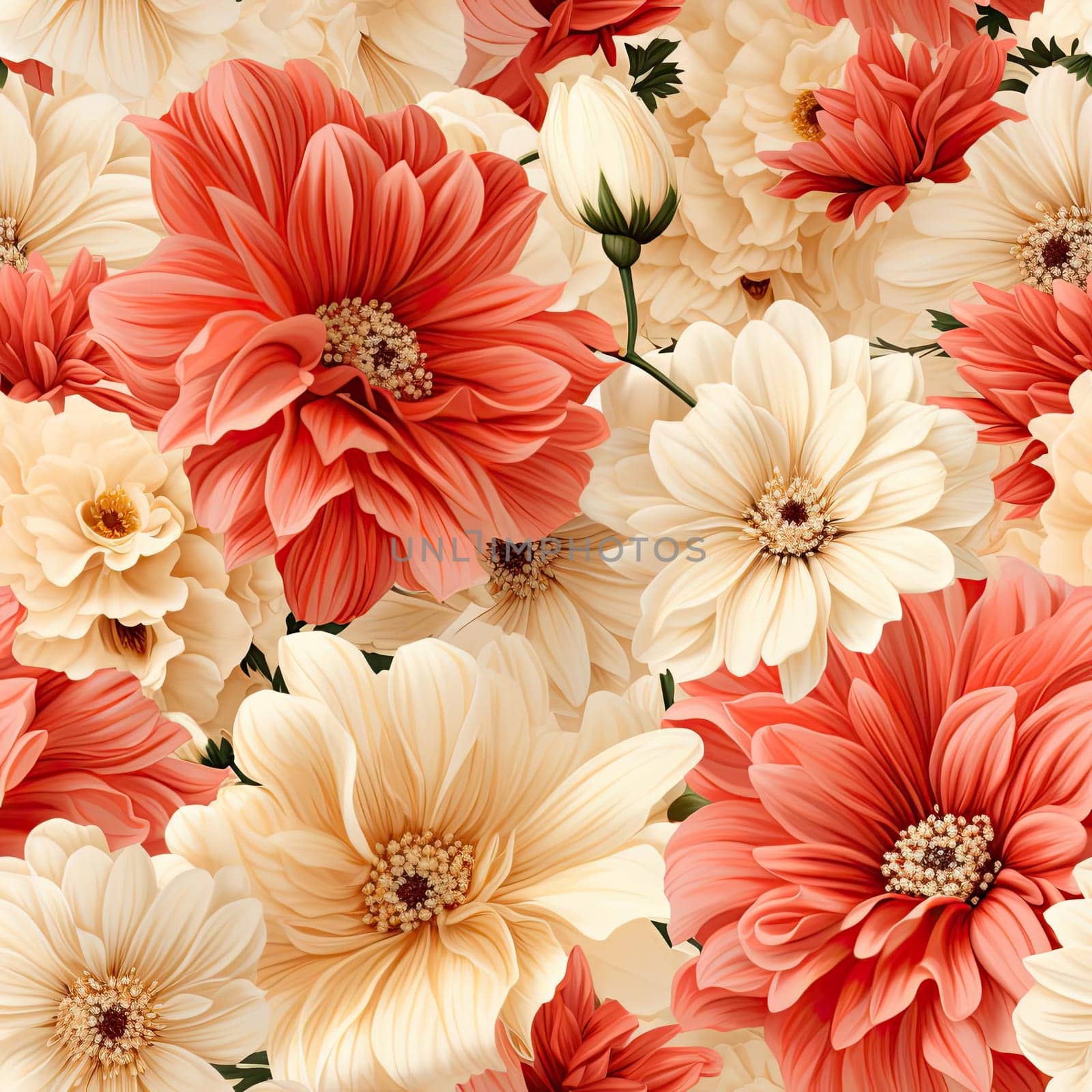 Photorealistic seamless floral background with red and white flowers (tiled)