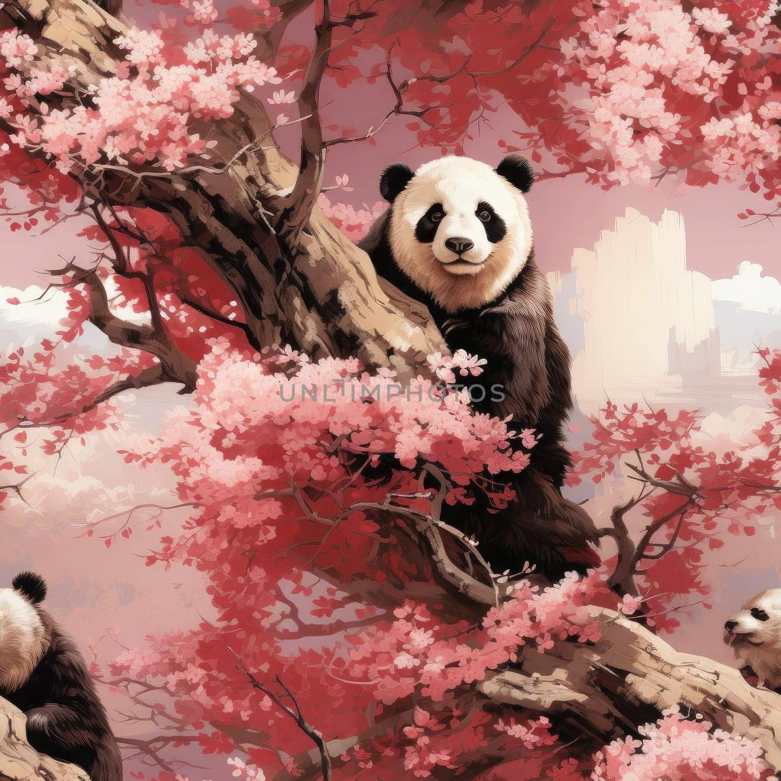 Realistic portrait of four pandas in a cherry blossom tree (tiled)
