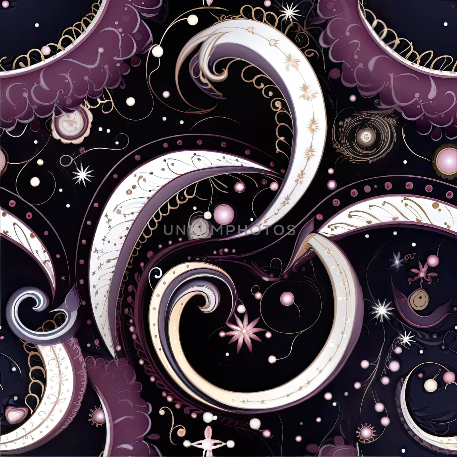 Deep purple pattern with swirls and stars, reminiscent of fantasy illustration (tiled)