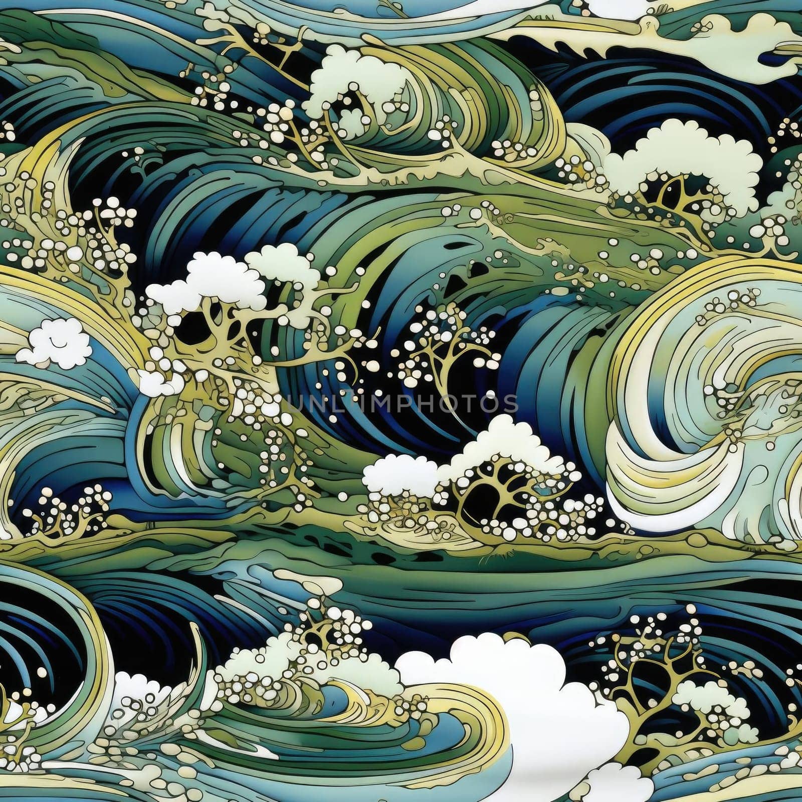 Surrealist floral pattern with sea waves and intricate details (tiled)
