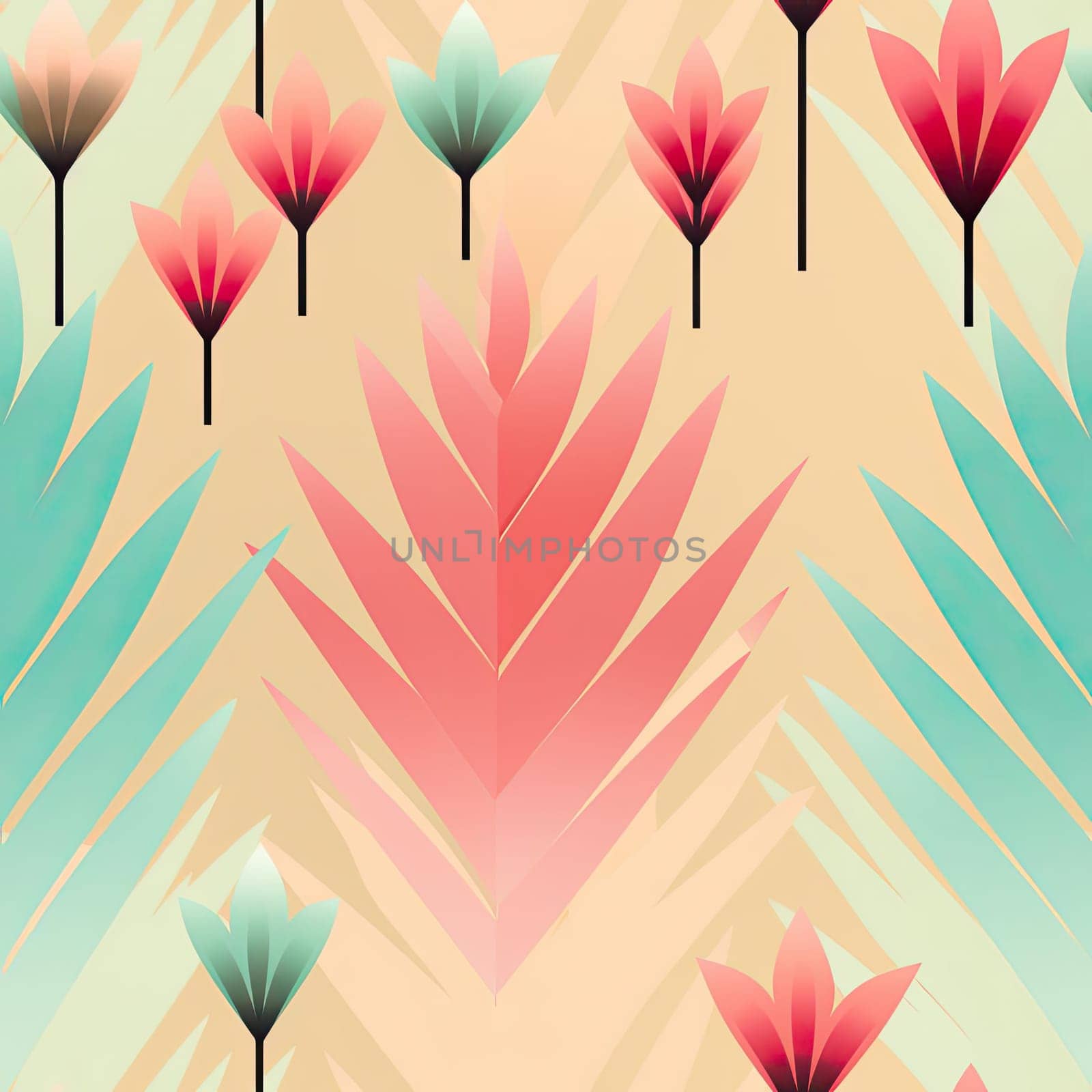 Abstract floral pattern with pink and green leaves in an art deco style (tiled)