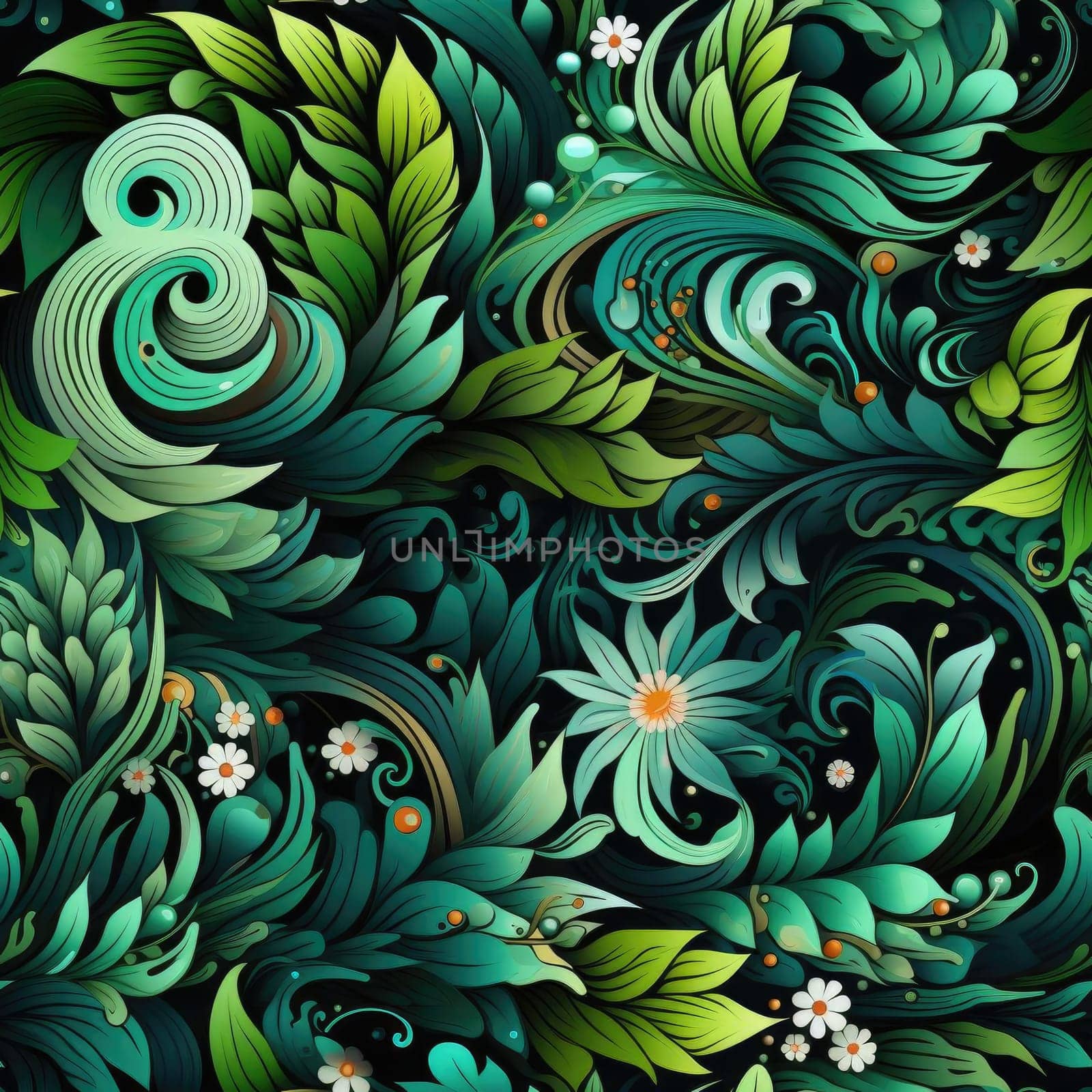 Abstract green floral pattern with swirls and leaves (tiled)
