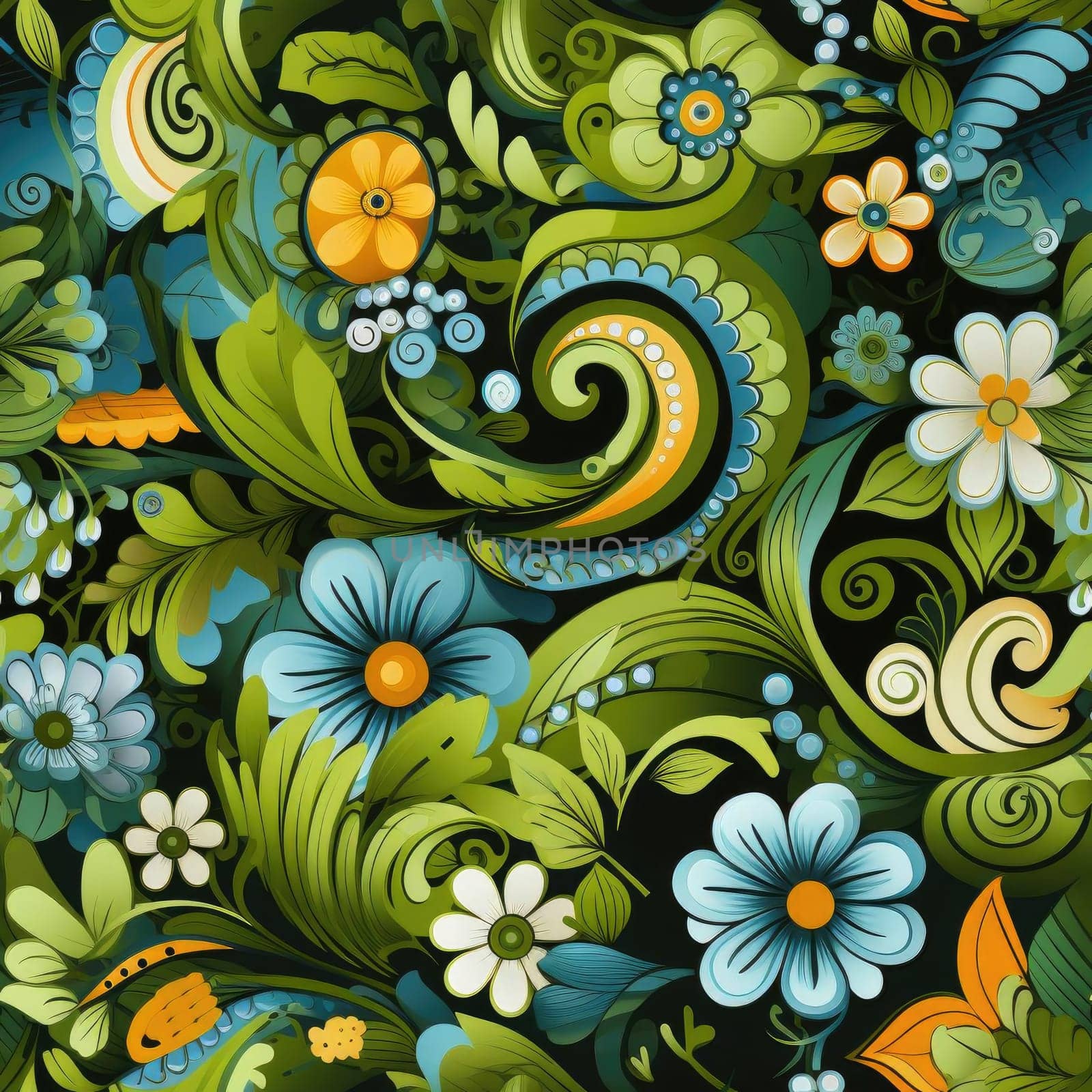 Handmade paisley pattern of bright flowers on black background (tiled)