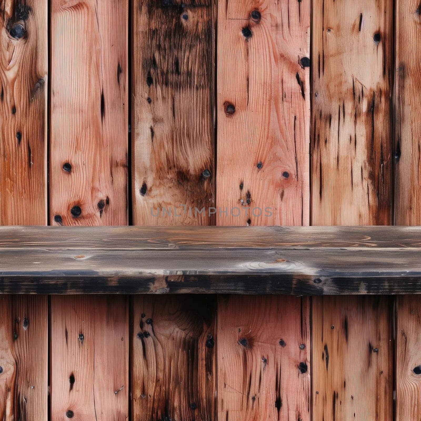 Large wooden shelves against a wood wall with dark nails (tiled)