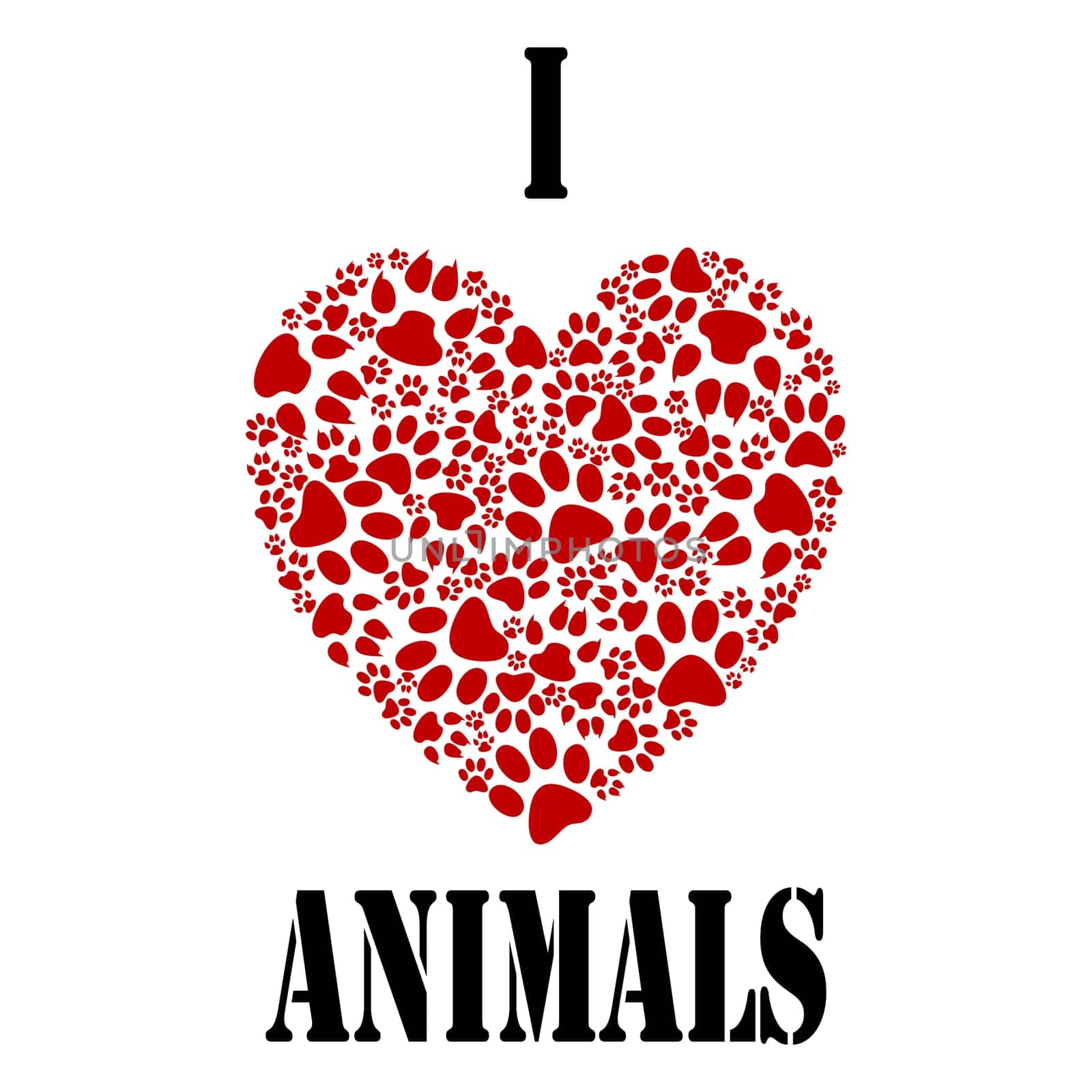 Illustration paw prints and heart as a symbol of love for animals.