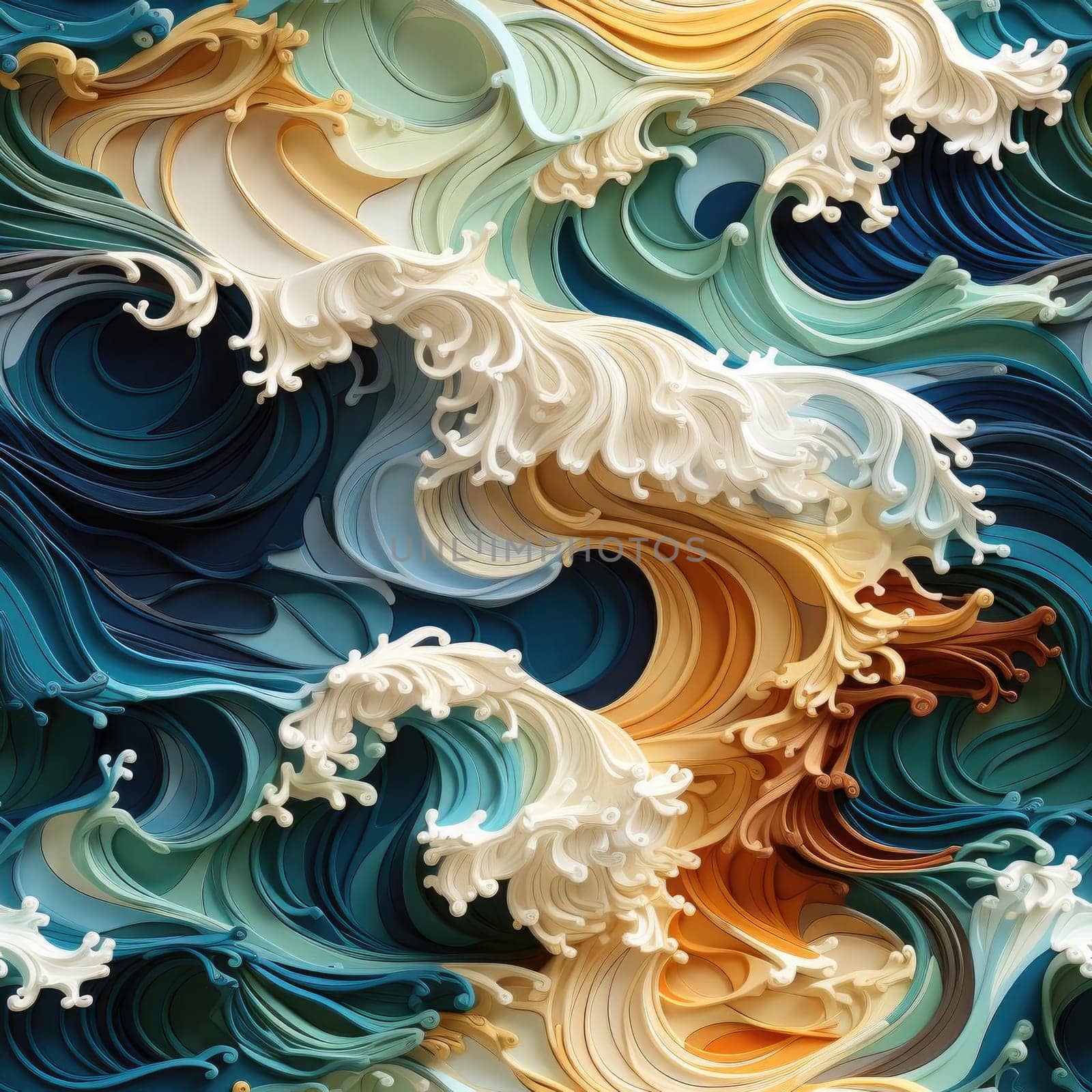 Beautiful artwork with detailed waves made from paper on colorful background (tiled)