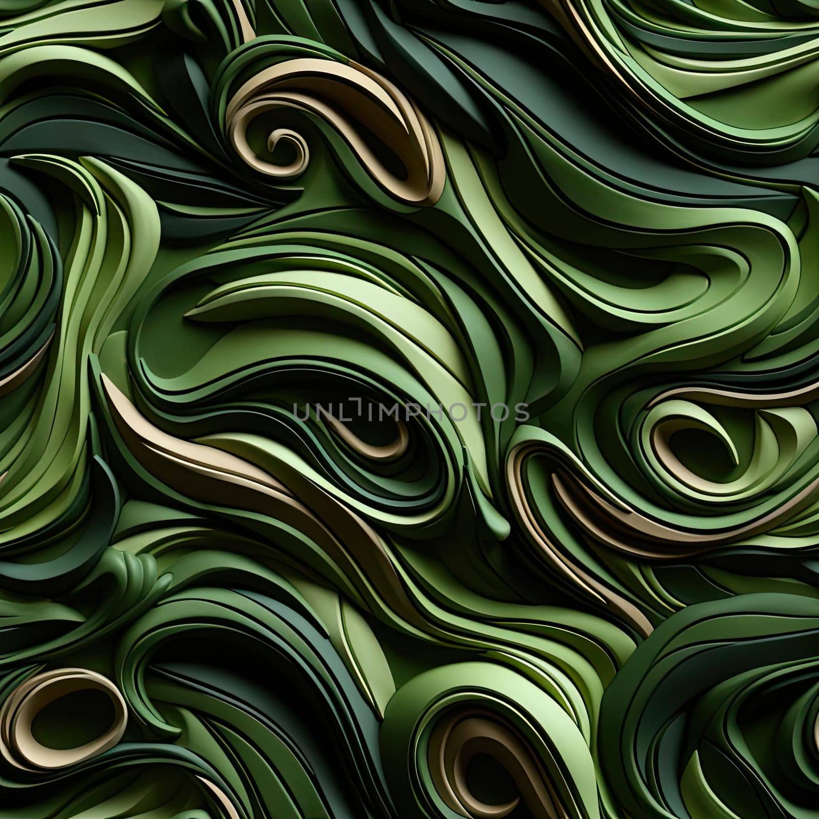 Green and brown wavy wallpaper with shiny and wavy textures in surreal organic shapes (tiled)